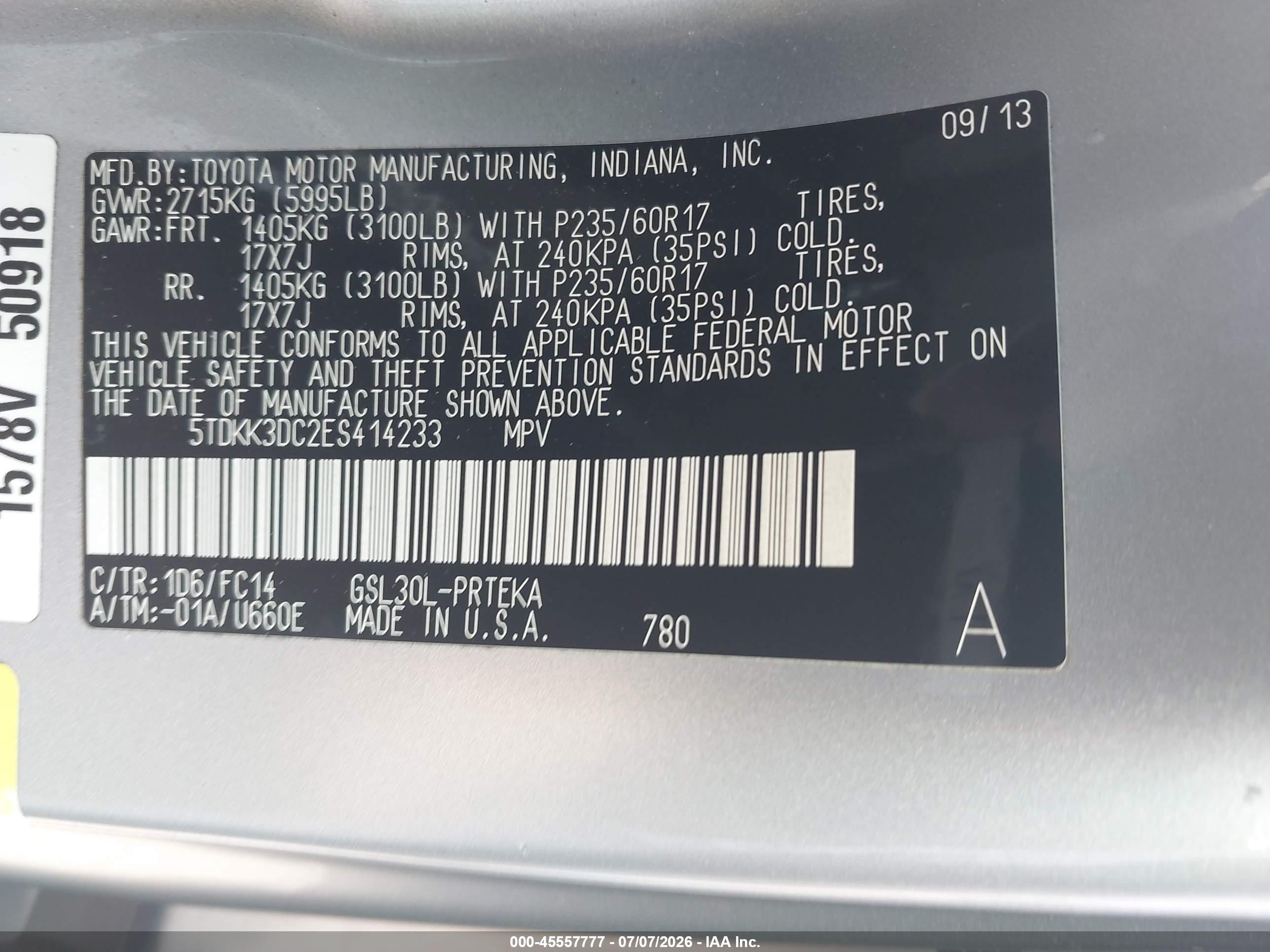 2014 Toyota Sienna Le V6 8 Passenger Серебряный vin: 5TDKK3DC2ES414233