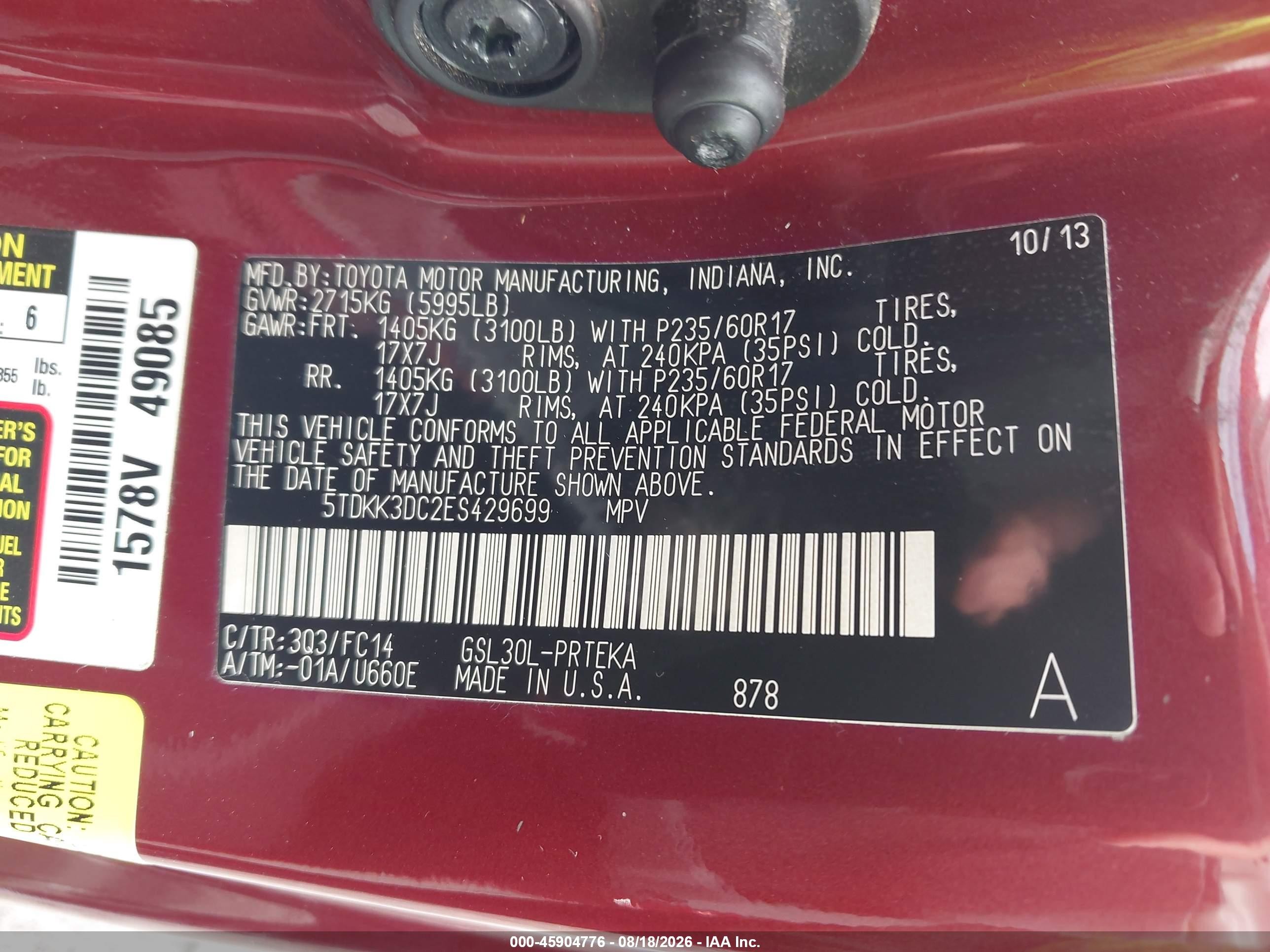 2014 Toyota Sienna Le V6 8 Passenger Red vin: 5TDKK3DC2ES429699