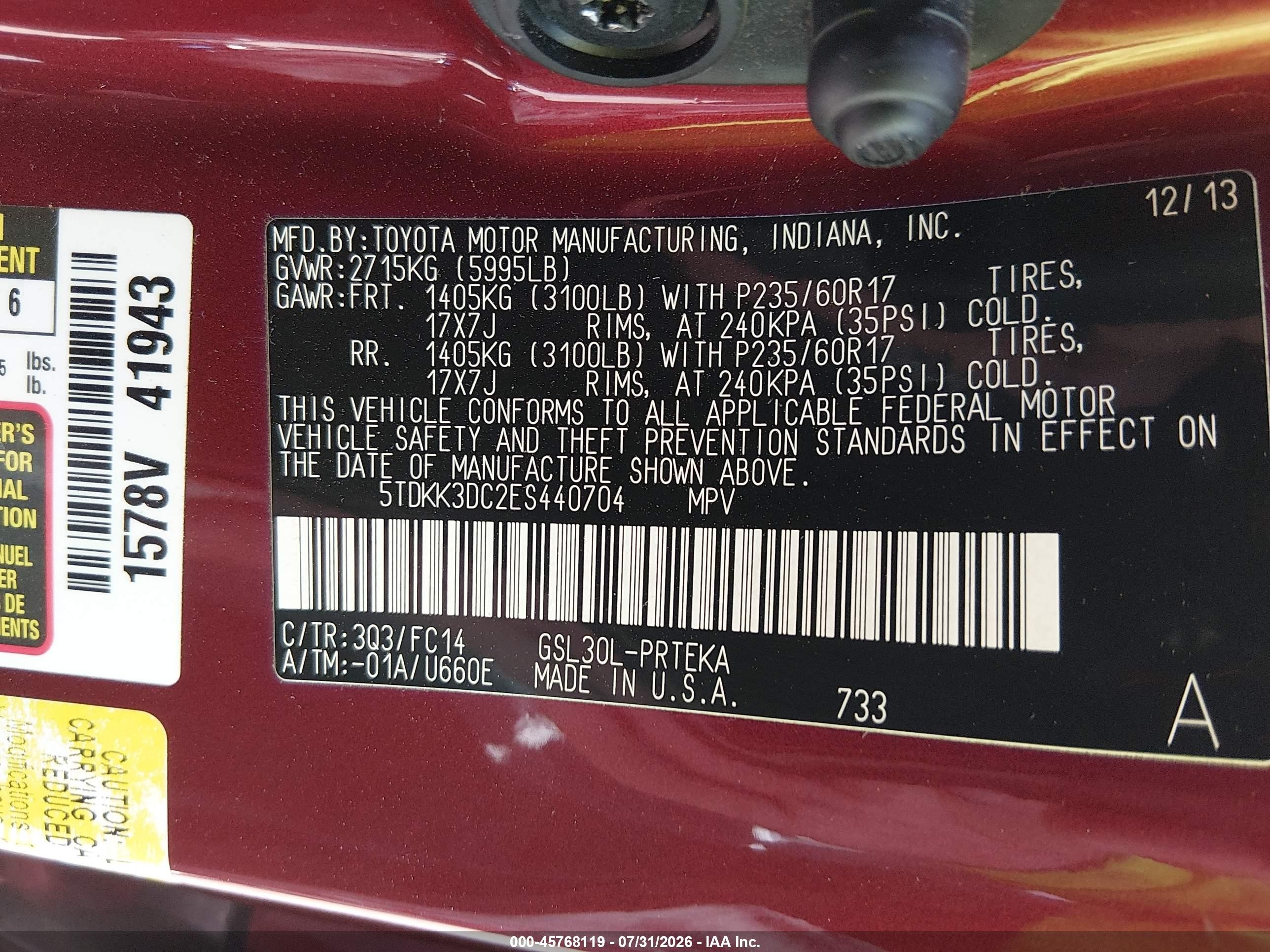 2014 Toyota Sienna Le V6 8 Passenger Red vin: 5TDKK3DC2ES440704