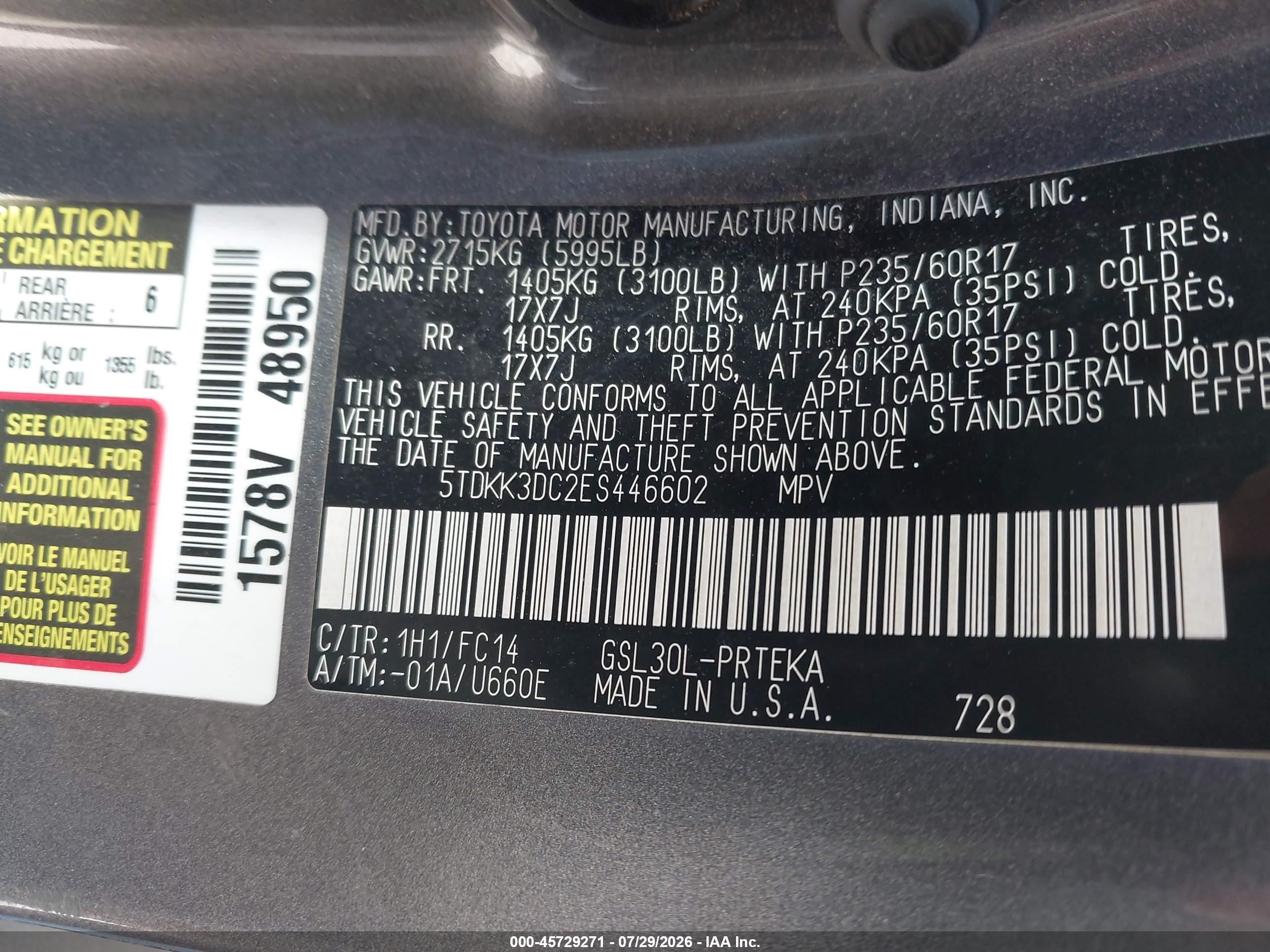 2014 Toyota Sienna Le V6 8 Passenger Gray vin: 5TDKK3DC2ES446602