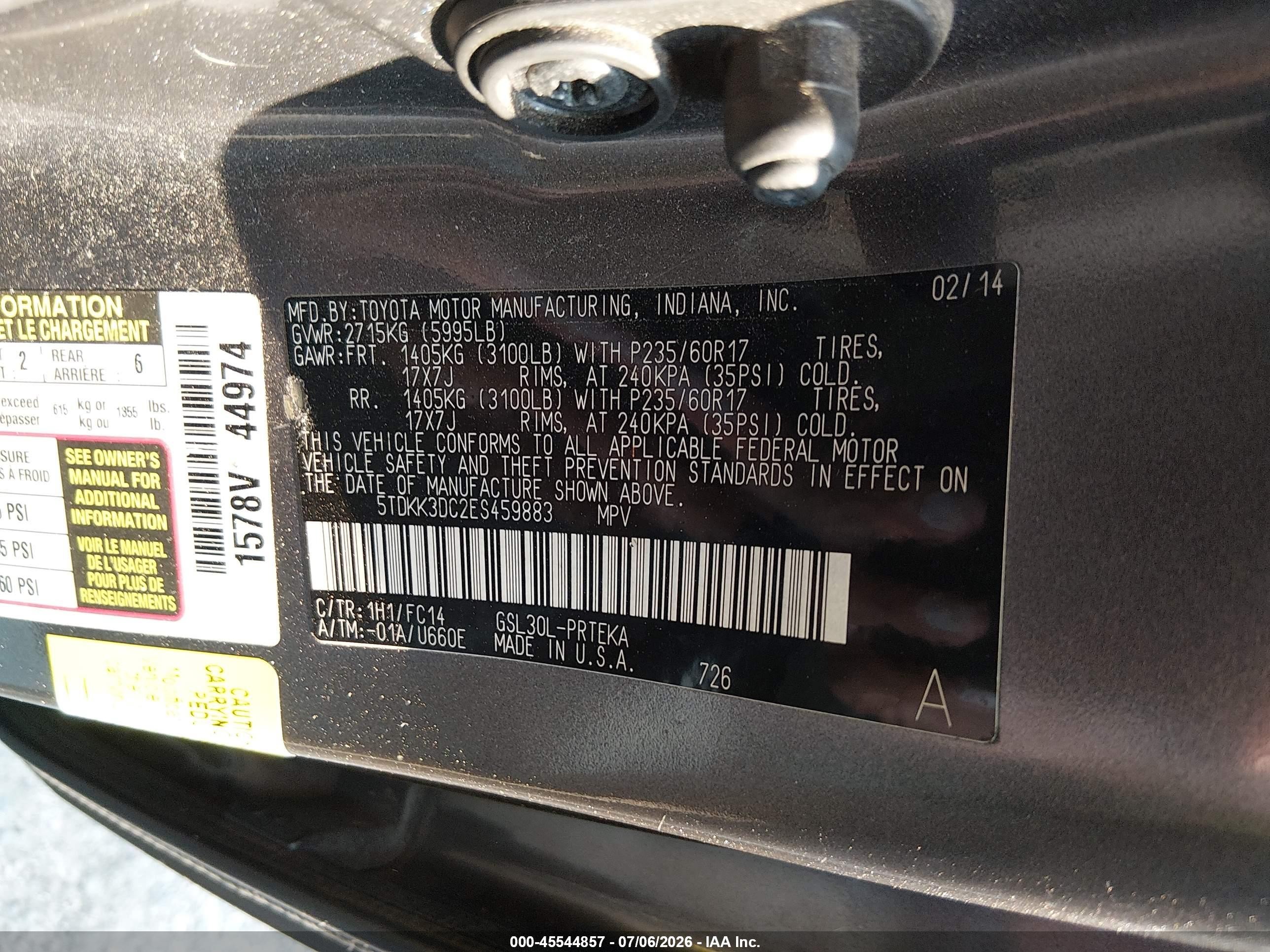 2014 Toyota Sienna Le V6 8 Passenger Gray vin: 5TDKK3DC2ES459883