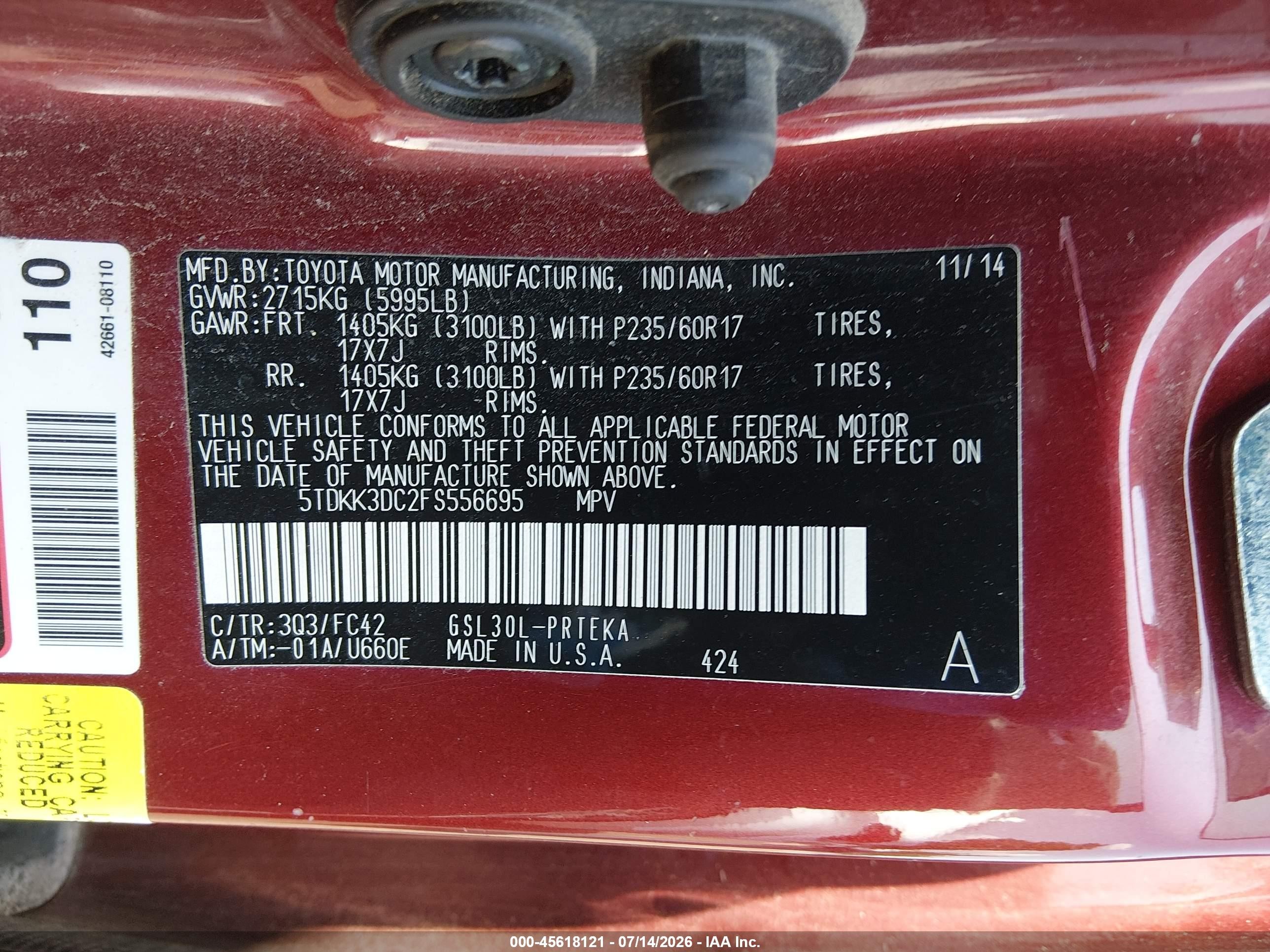 2015 Toyota Sienna Le 8 Passenger Maroon vin: 5TDKK3DC2FS556695
