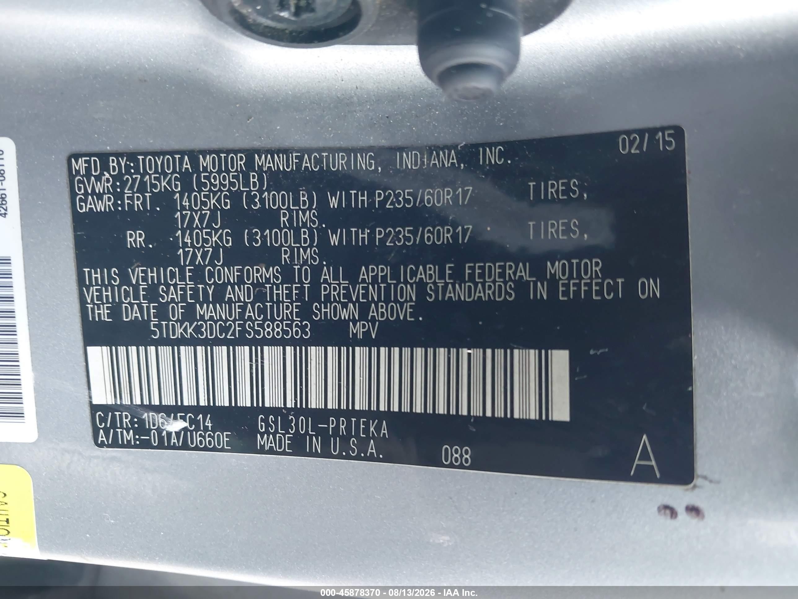 2015 Toyota Sienna Le 8 Passenger Gray vin: 5TDKK3DC2FS588563
