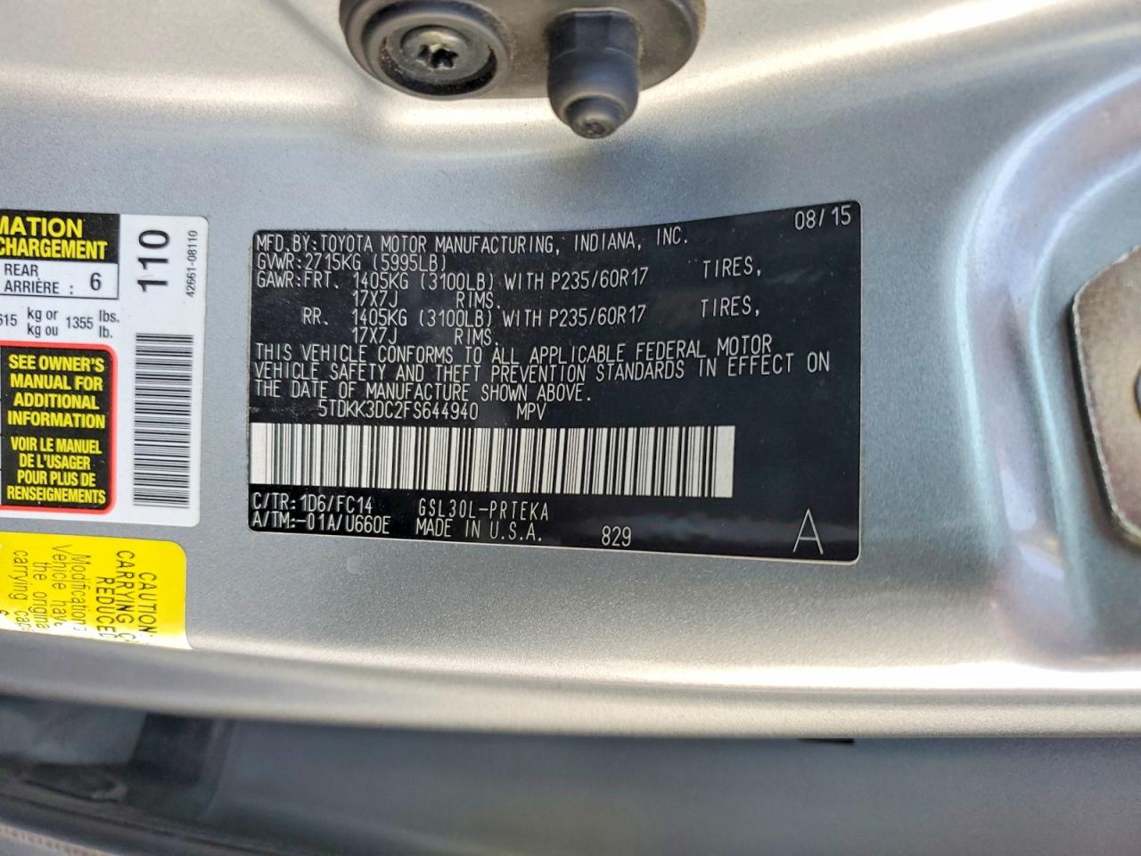 2015 Toyota Sienna Le 8-passenger Серебряный vin: 5TDKK3DC2FS644940