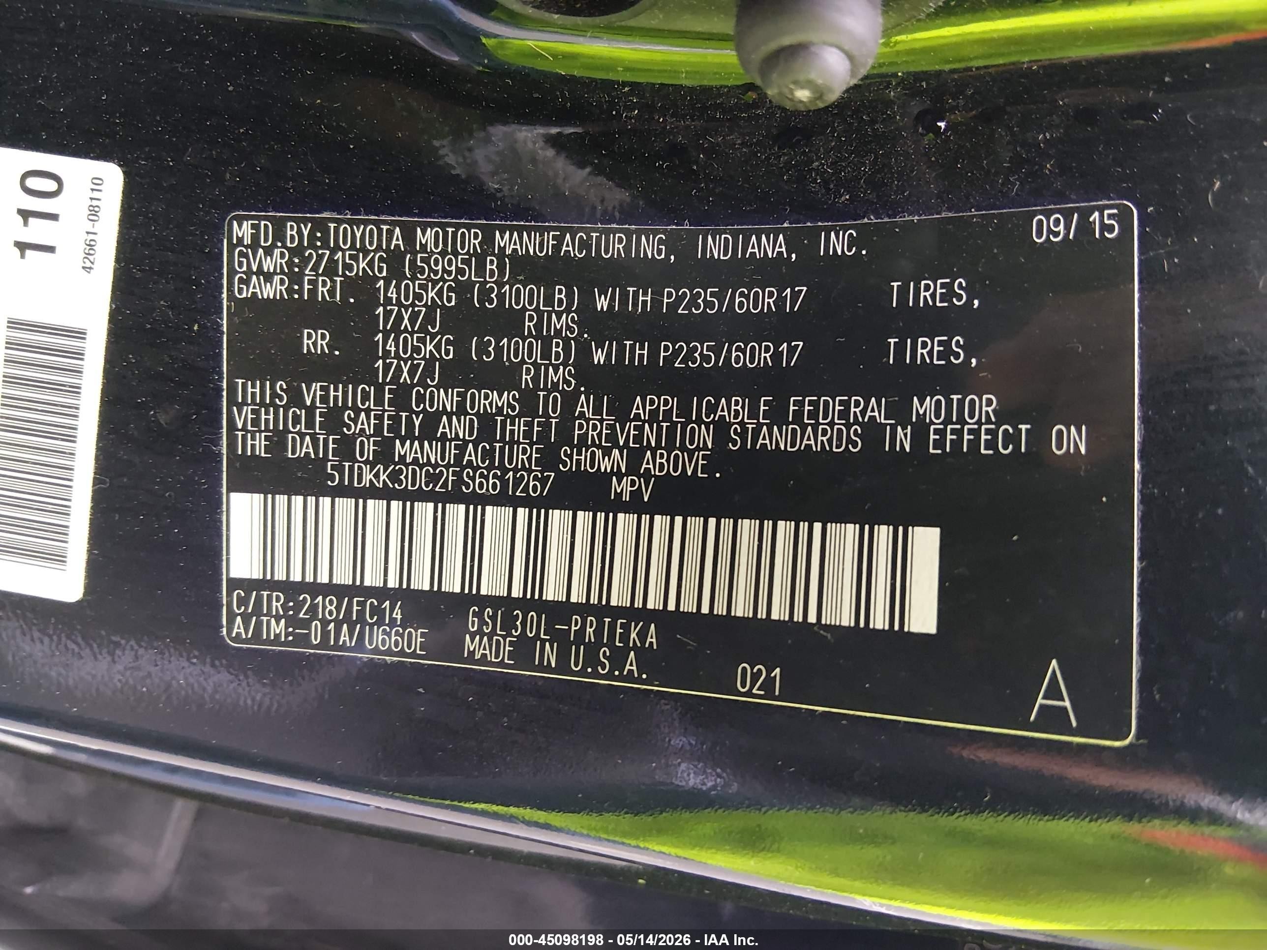 2015 Toyota Sienna Le 8 Passenger Черный vin: 5TDKK3DC2FS661267