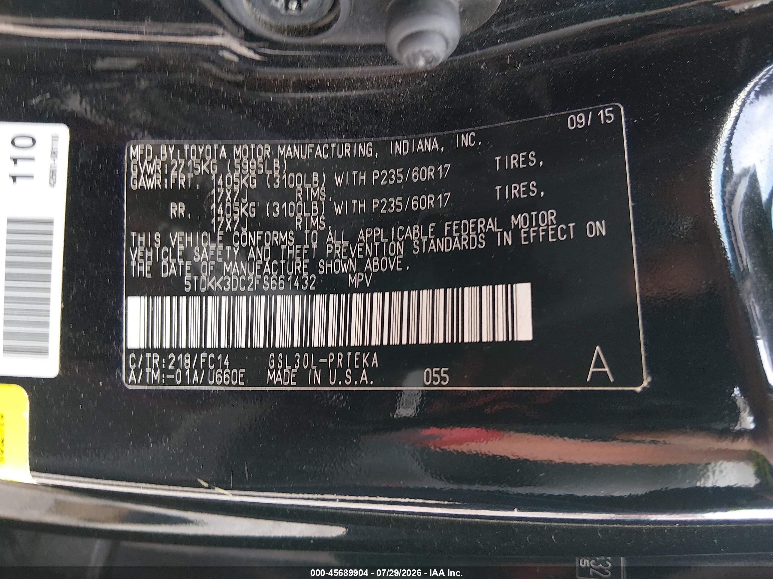 2015 Toyota Sienna Le 8 Passenger Black vin: 5TDKK3DC2FS661432