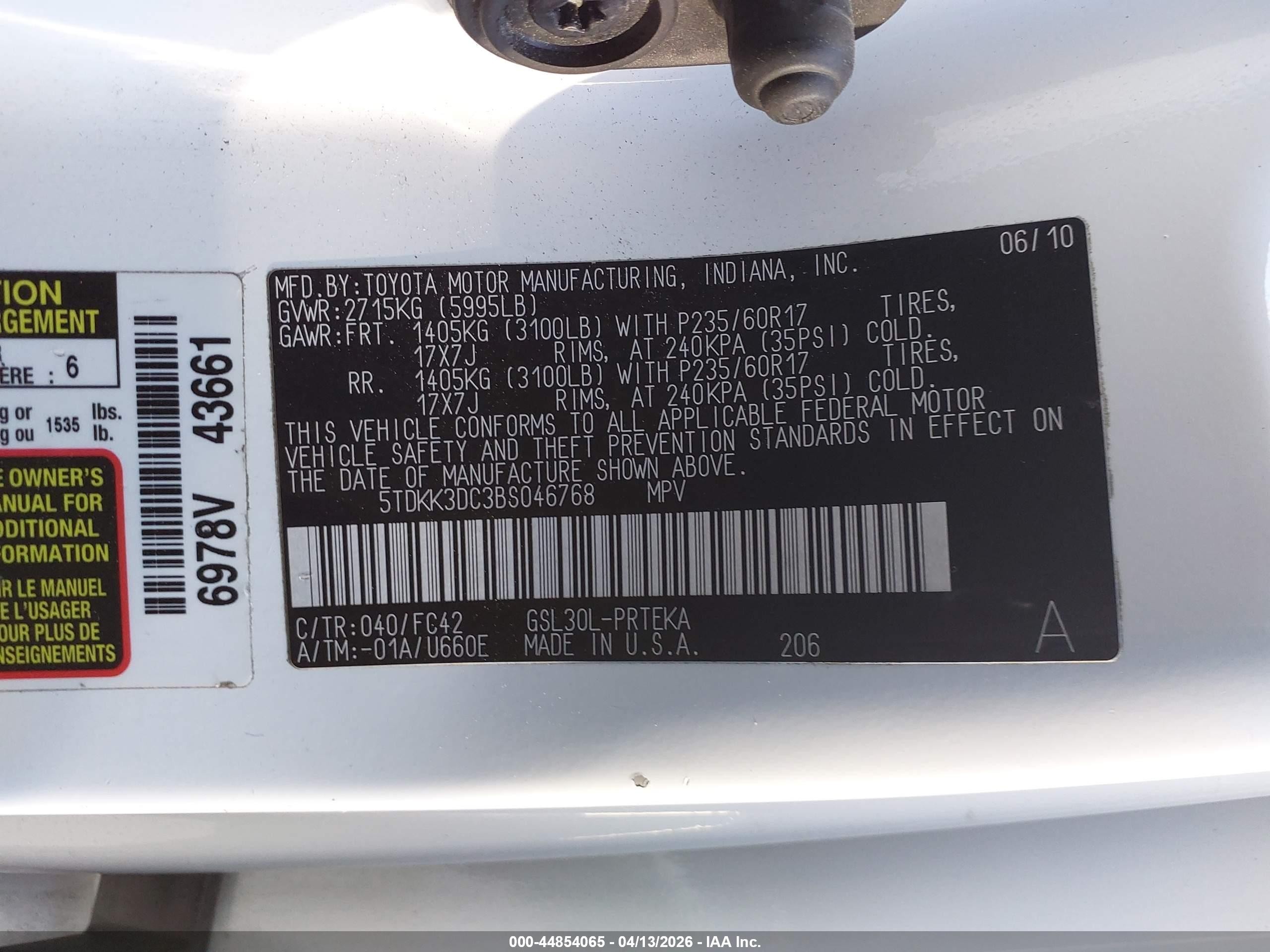 2011 Toyota Sienna Le V6 Белый vin: 5TDKK3DC3BS046768