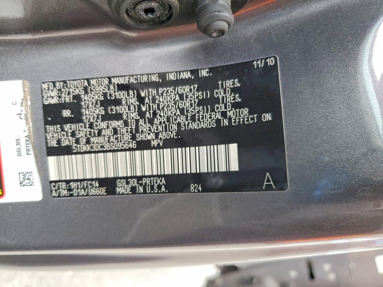 2011 Toyota Sienna Le Gray vin: 5TDKK3DC3BS095646
