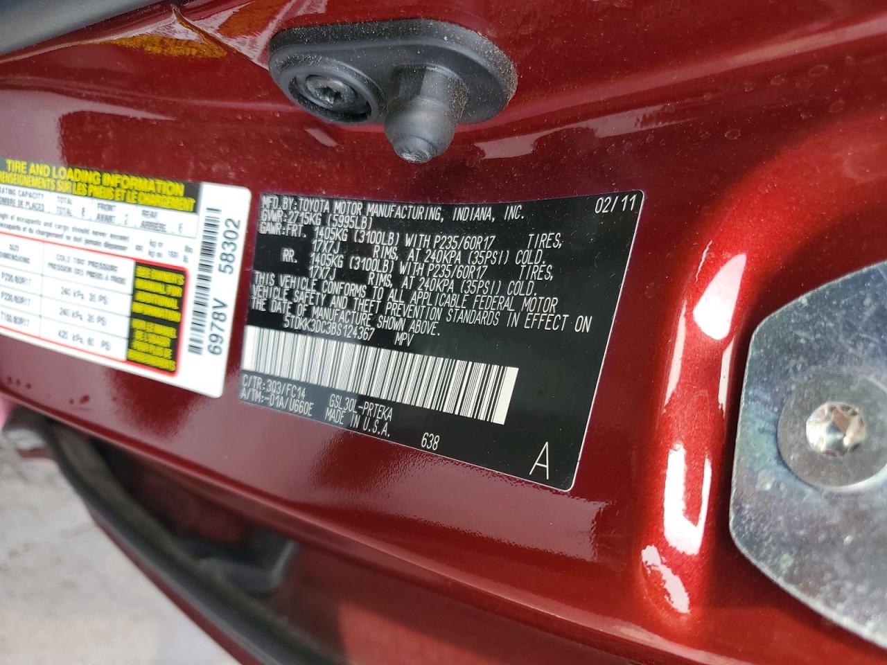 2011 Toyota Sienna Le Red vin: 5TDKK3DC3BS124367