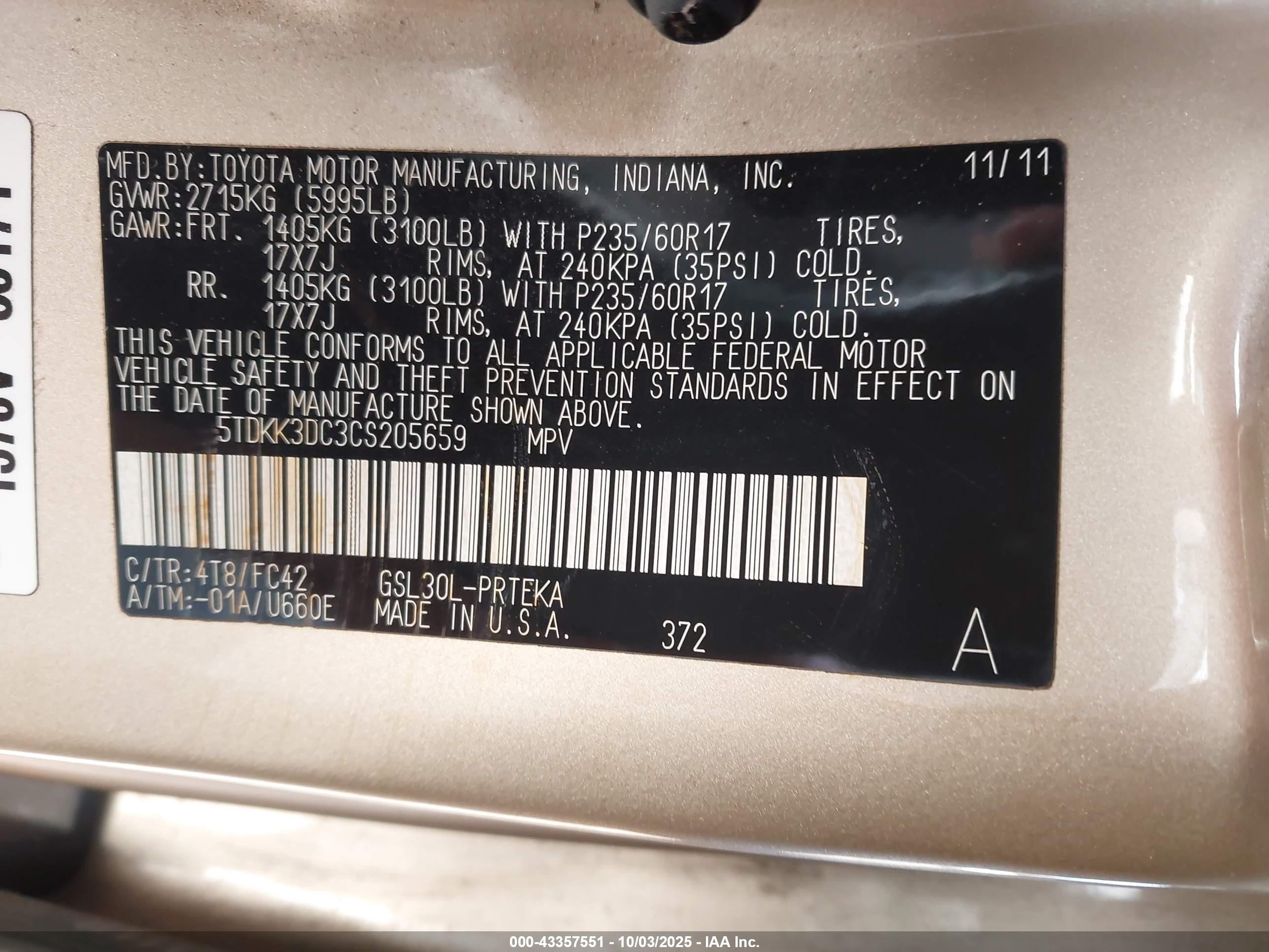 2012 Toyota Sienna Le V6 7 Passenger Auto Access Seat/le V6 8 Passenger Gold vin: 5TDKK3DC3CS205659