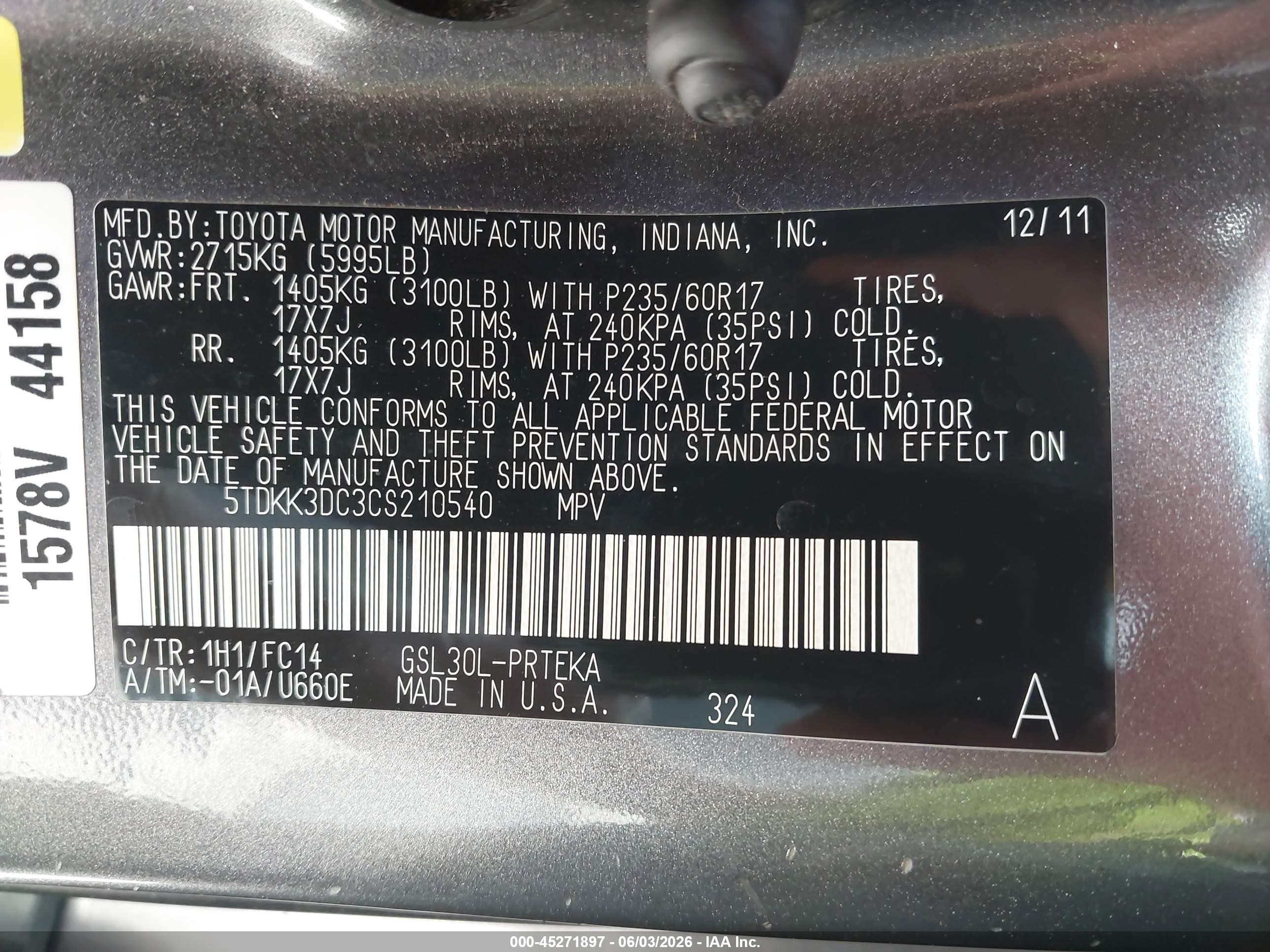 2012 Toyota Sienna Le V6 8 Passenger Gray vin: 5TDKK3DC3CS210540