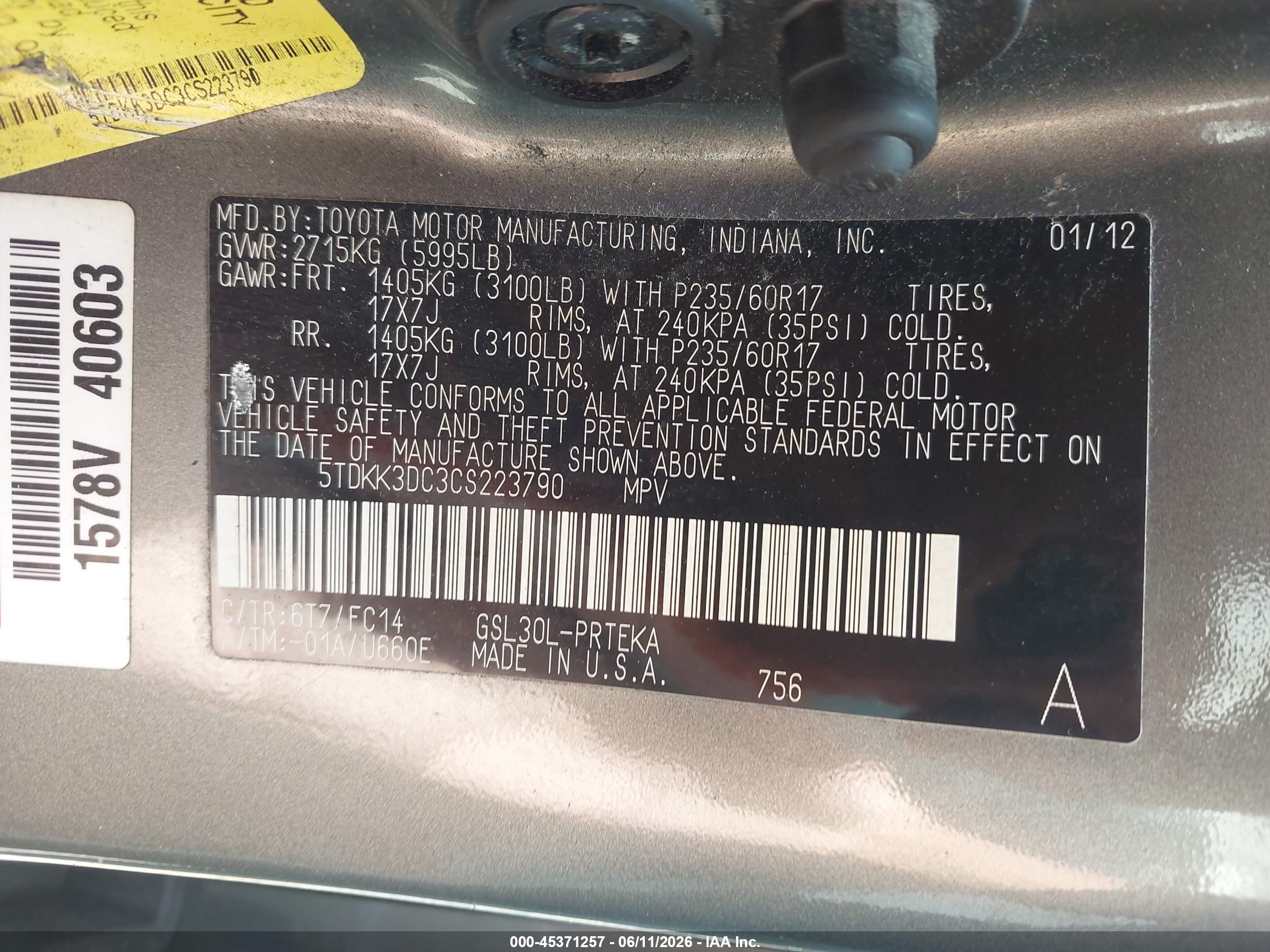 2012 Toyota Sienna Le V6 8 Passenger Зеленый vin: 5TDKK3DC3CS223790