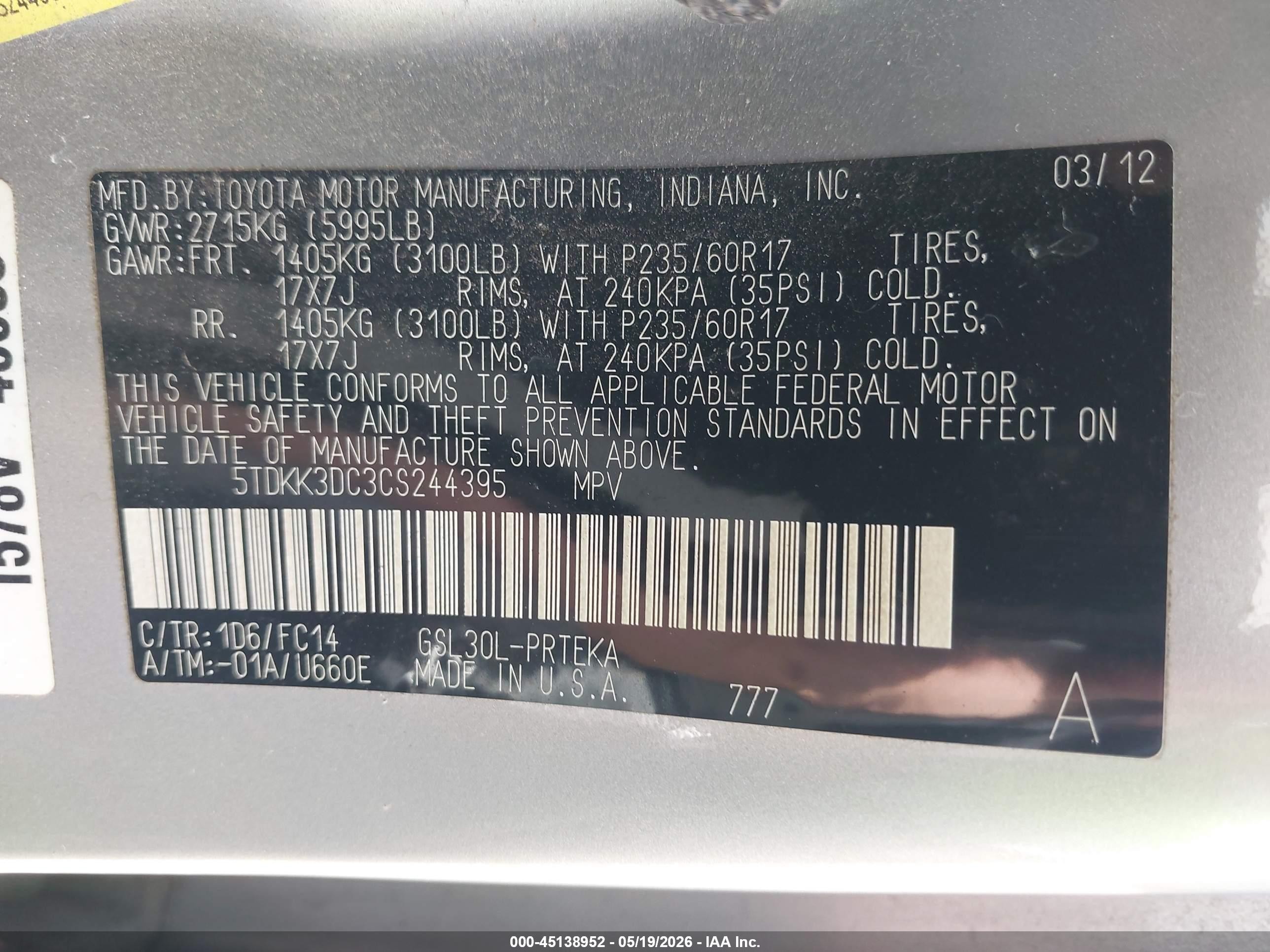 2012 Toyota Sienna Le V6 8 Passenger Серый vin: 5TDKK3DC3CS244395