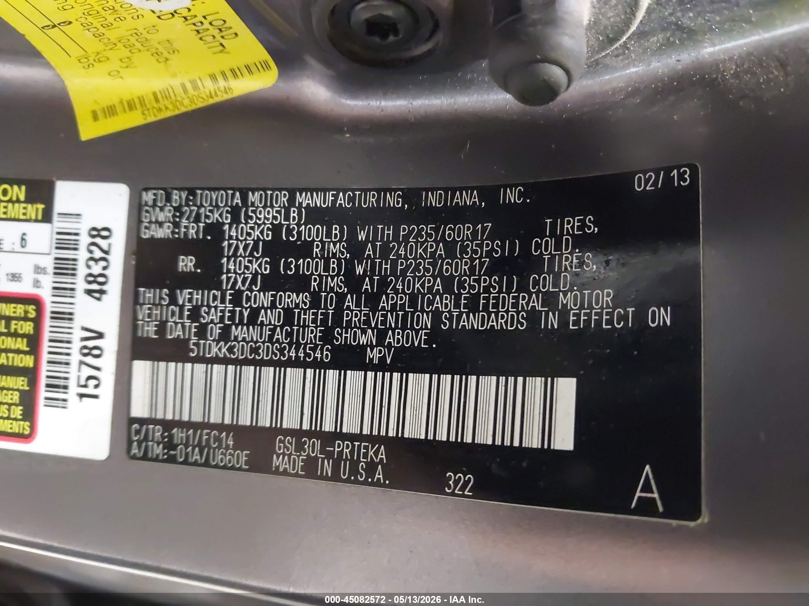 2013 Toyota Sienna Le V6 8 Passenger Gray vin: 5TDKK3DC3DS344546