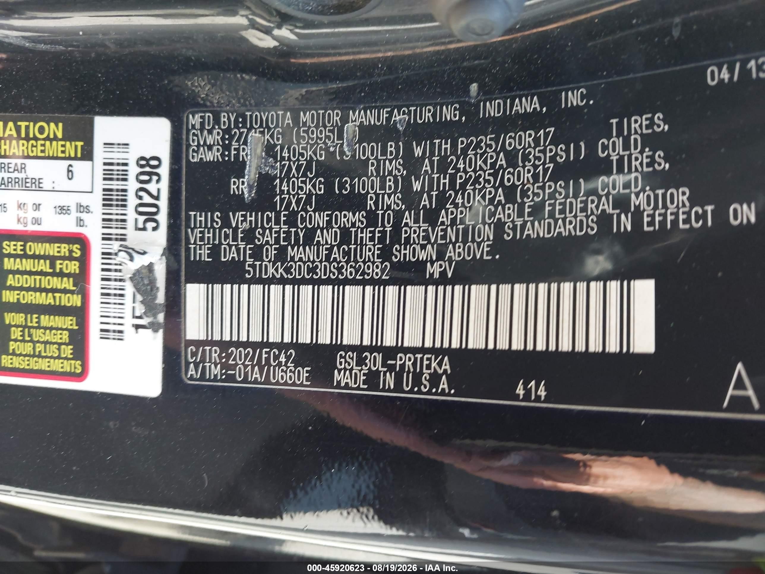 2013 Toyota Sienna Le V6 8 Passenger Black vin: 5TDKK3DC3DS362982