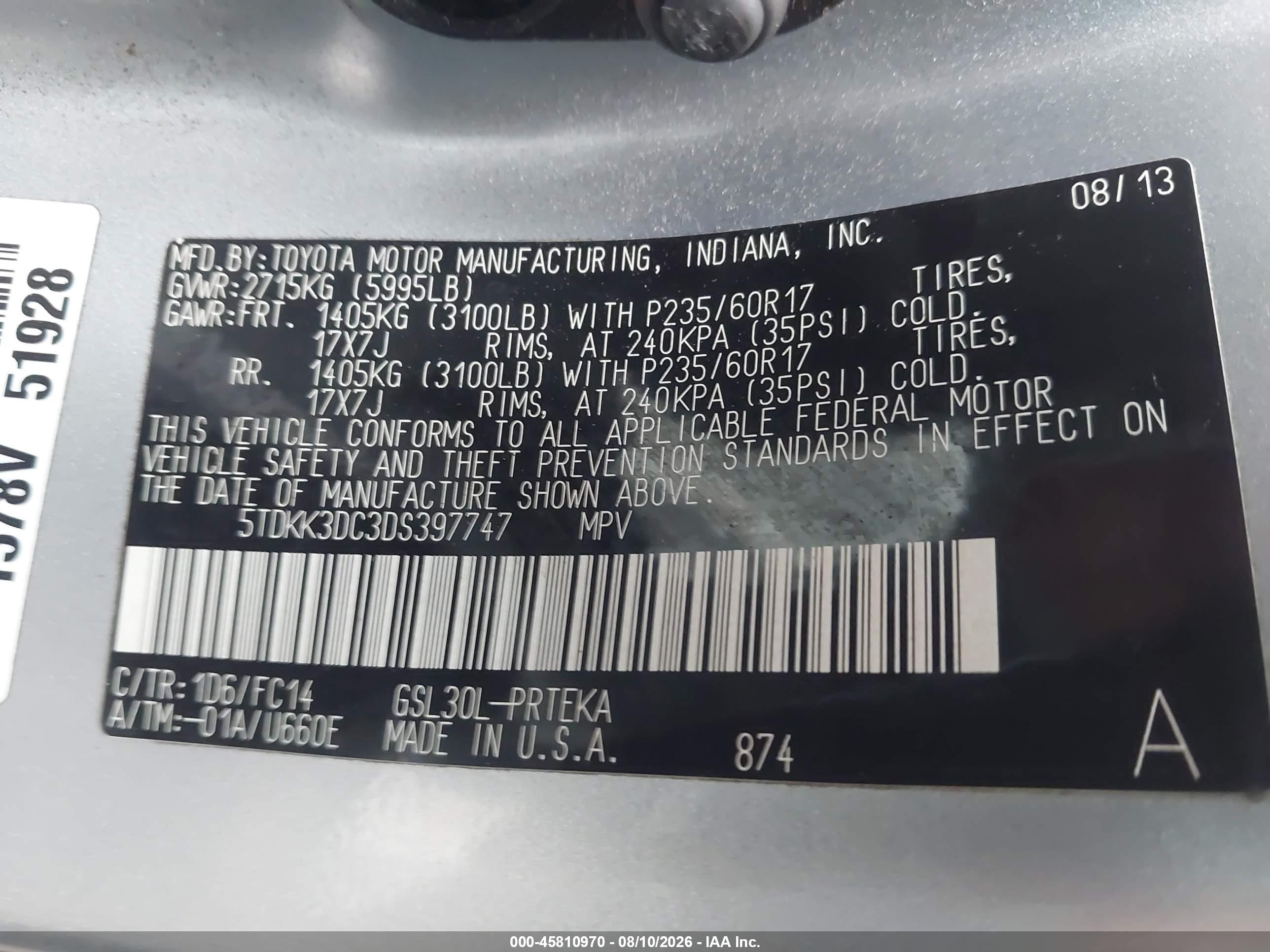 2013 Toyota Sienna Le V6 8 Passenger Silver vin: 5TDKK3DC3DS397747