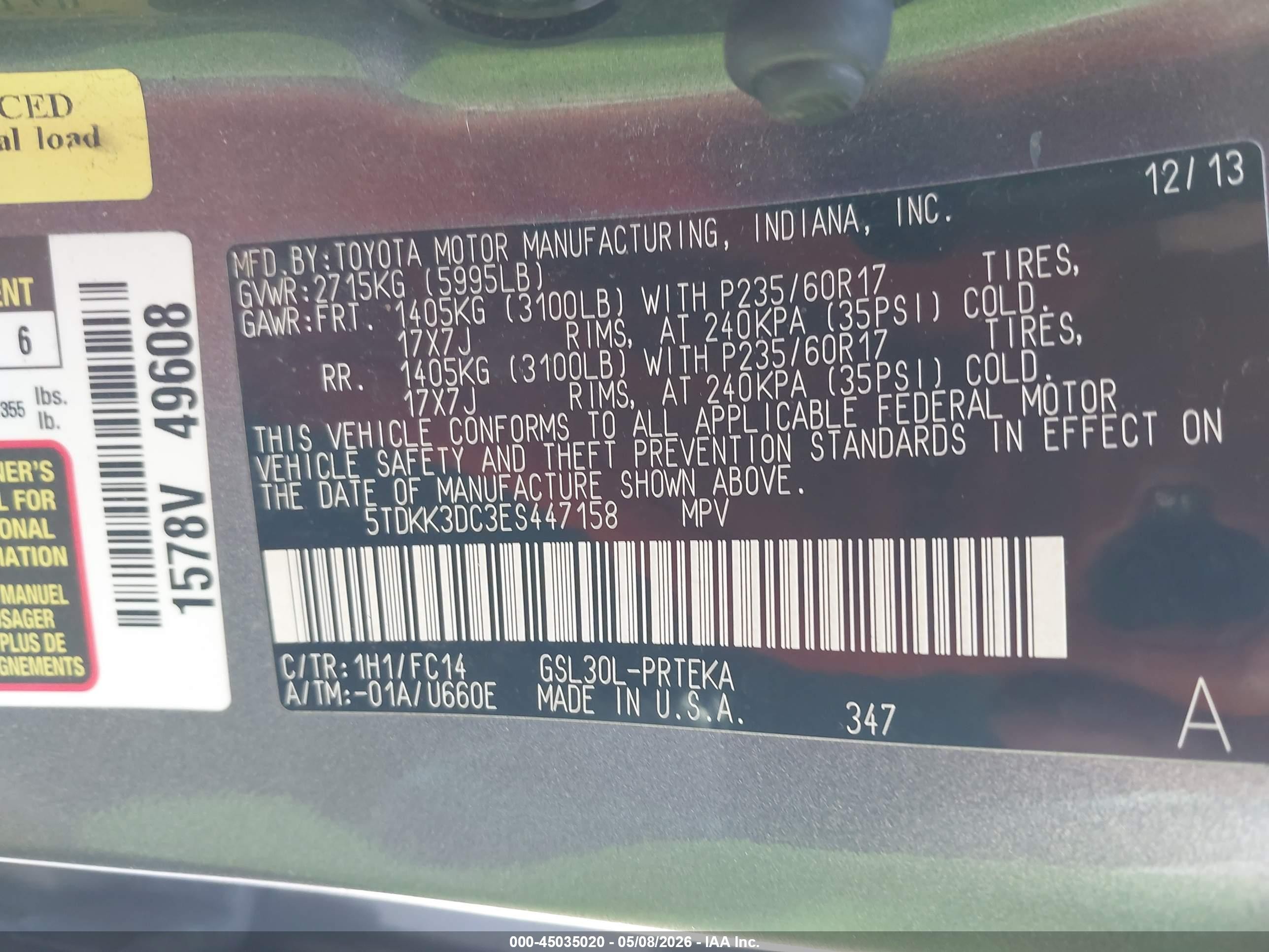 2014 Toyota Sienna Le V6 8 Passenger Gray vin: 5TDKK3DC3ES447158