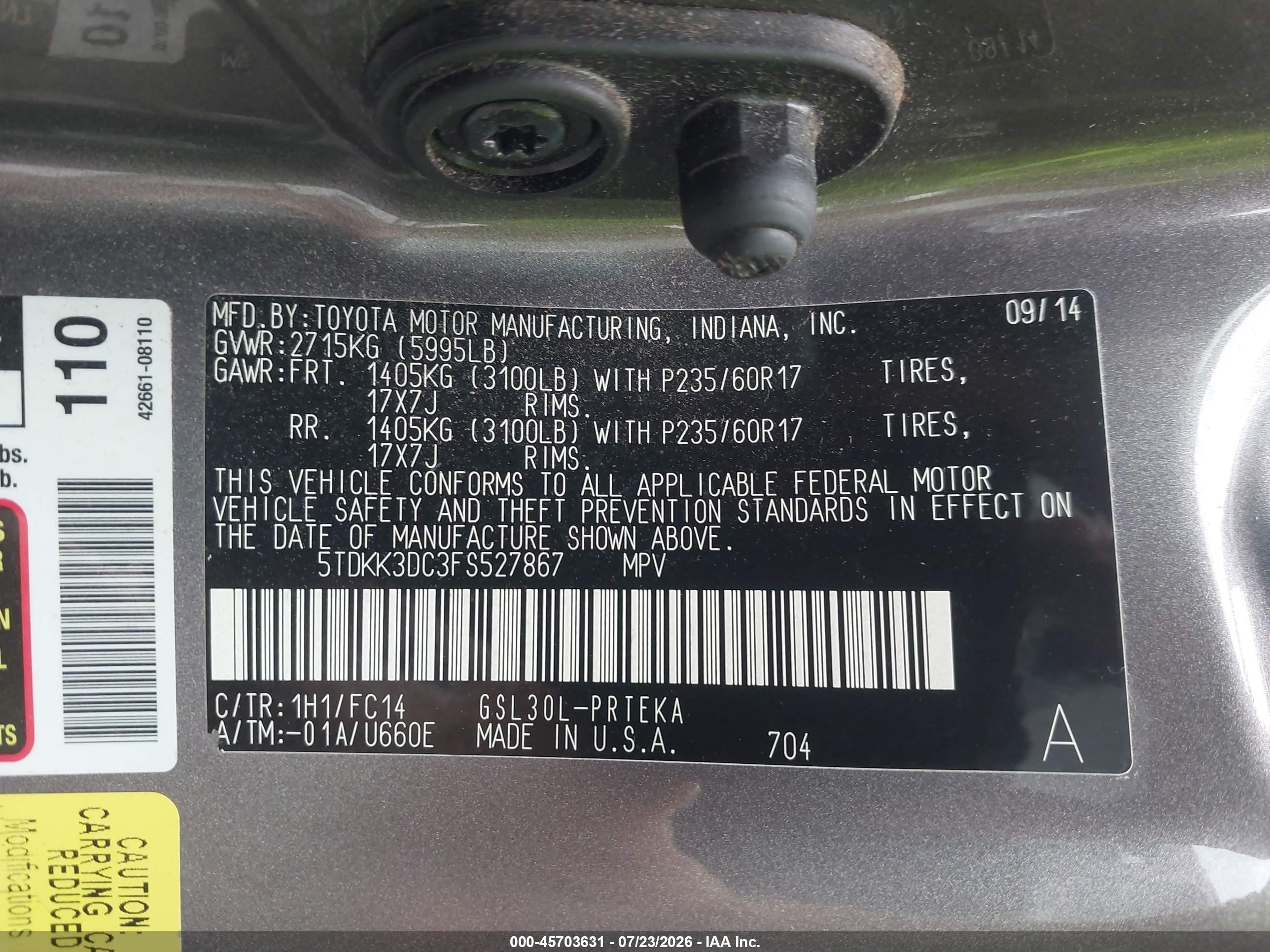 2015 Toyota Sienna Le 8 Passenger Gray vin: 5TDKK3DC3FS527867