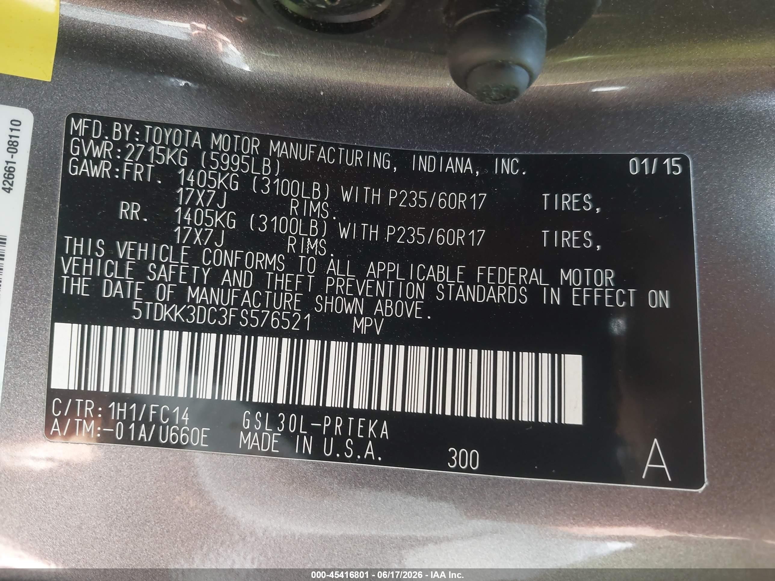2015 Toyota Sienna Le 8 Passenger Gray vin: 5TDKK3DC3FS576521
