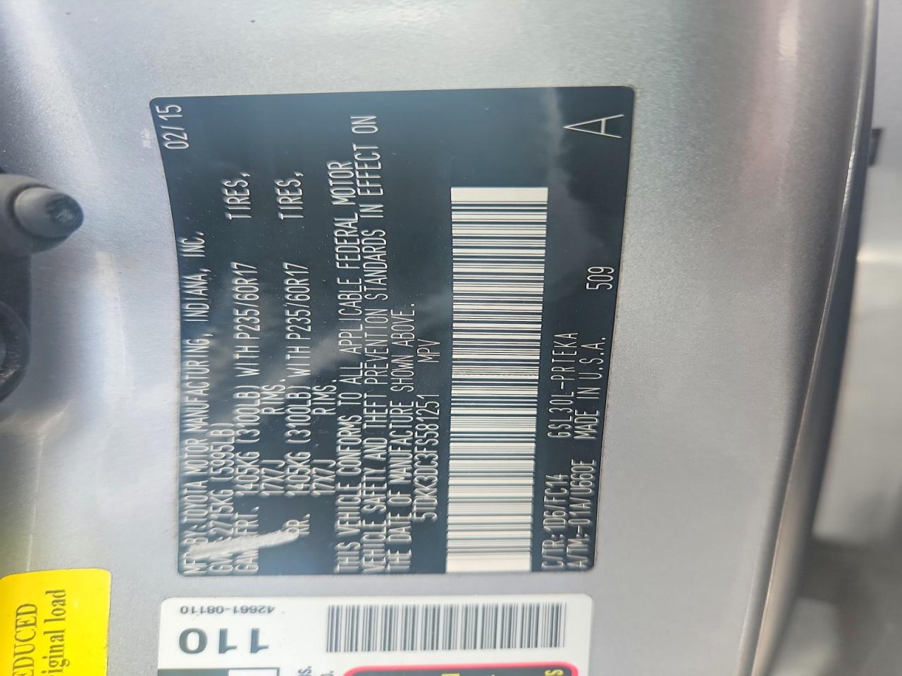 2015 Toyota Sienna Le Gray vin: 5TDKK3DC3FS581251