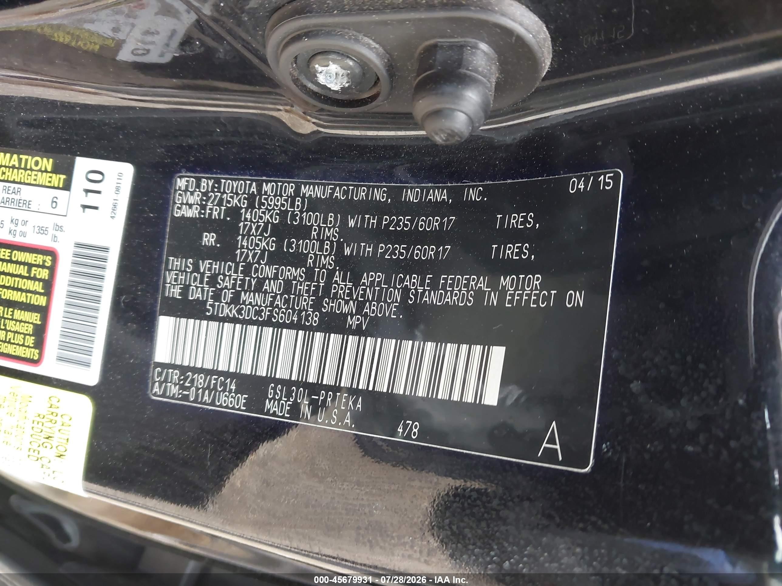 2015 Toyota Sienna Le 8 Passenger Черный vin: 5TDKK3DC3FS604138