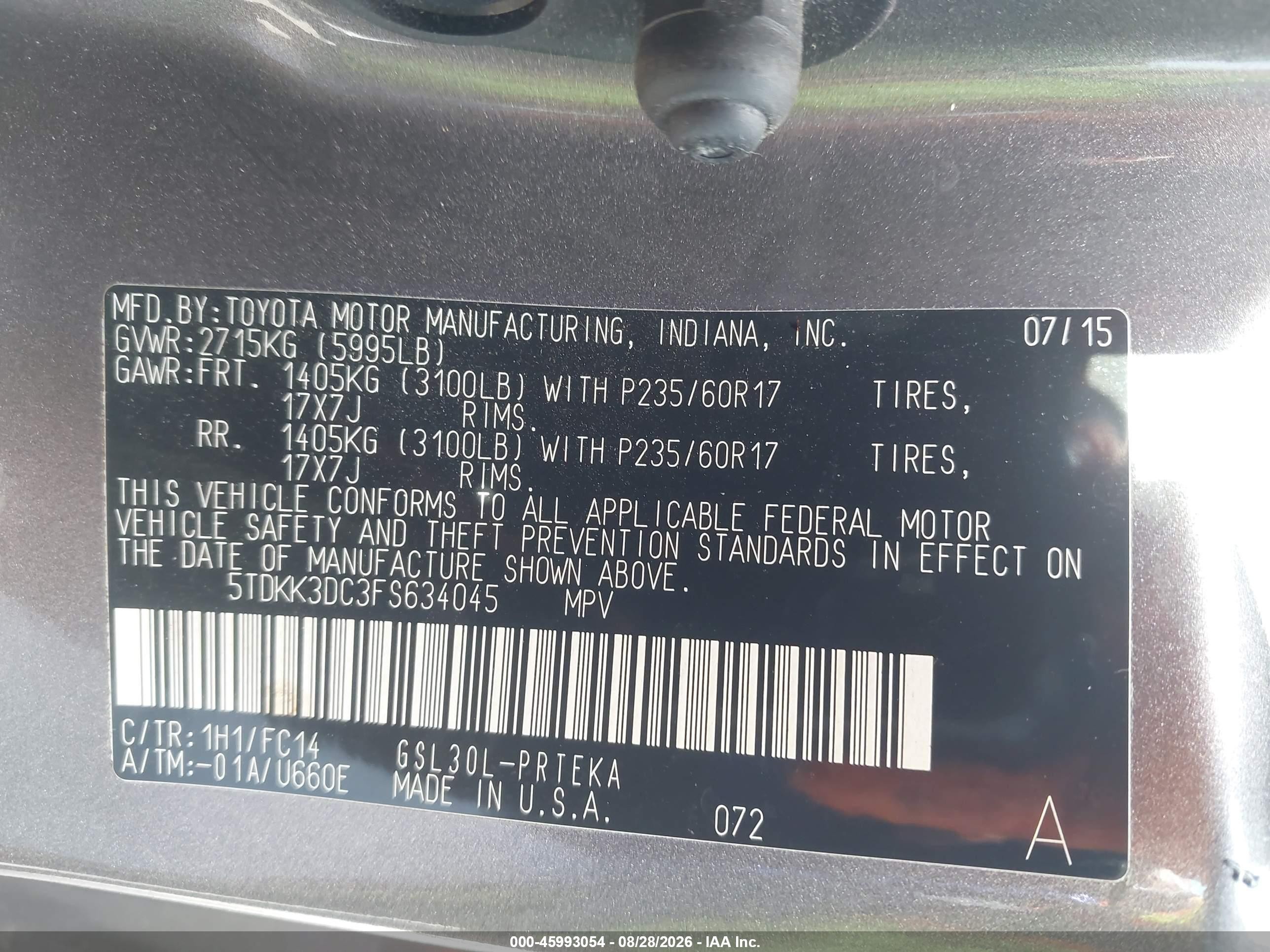 2015 Toyota Sienna Le 8 Passenger Gray vin: 5TDKK3DC3FS634045