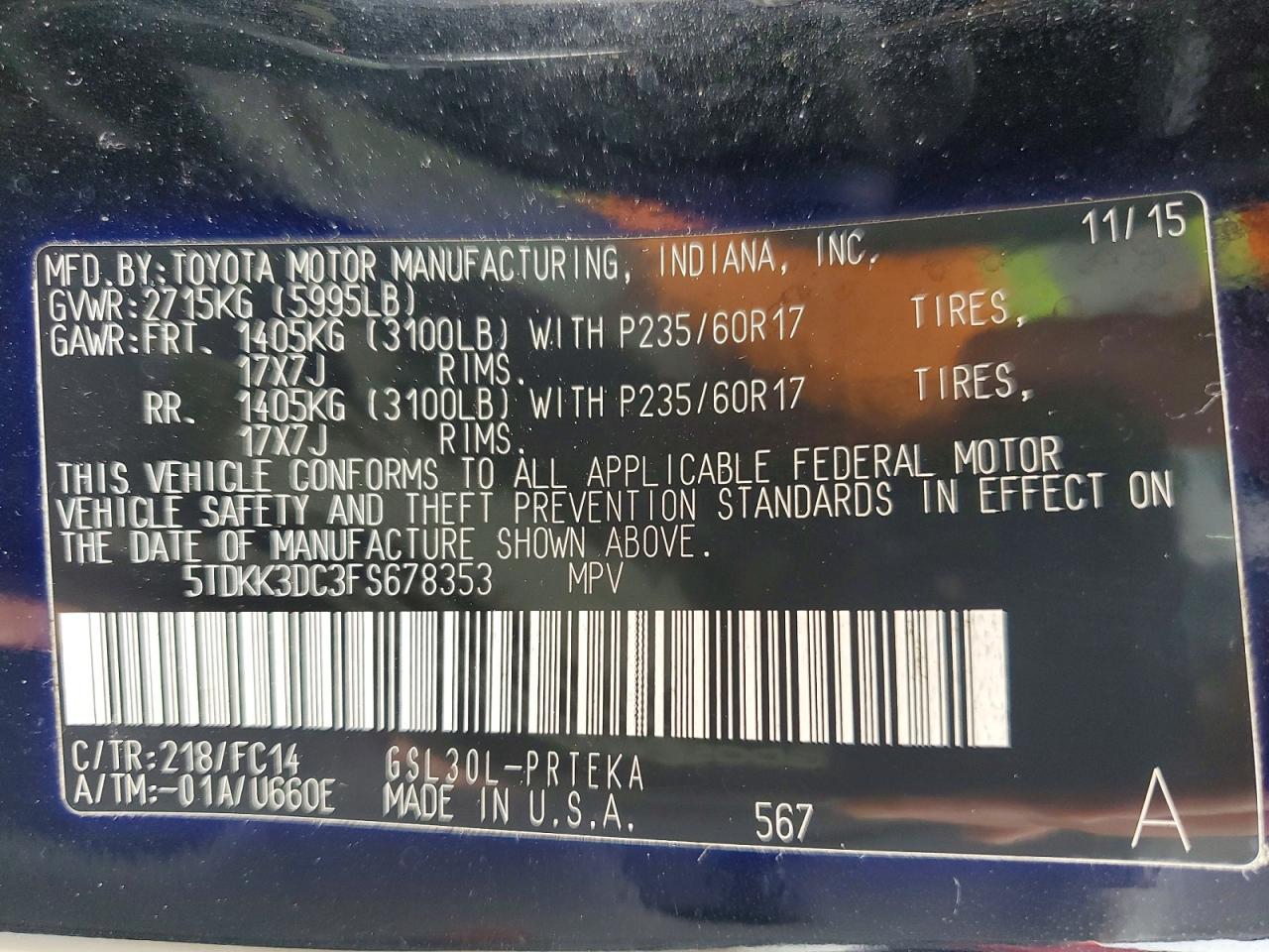 2015 Toyota Sienna Le Черный vin: 5TDKK3DC3FS678353