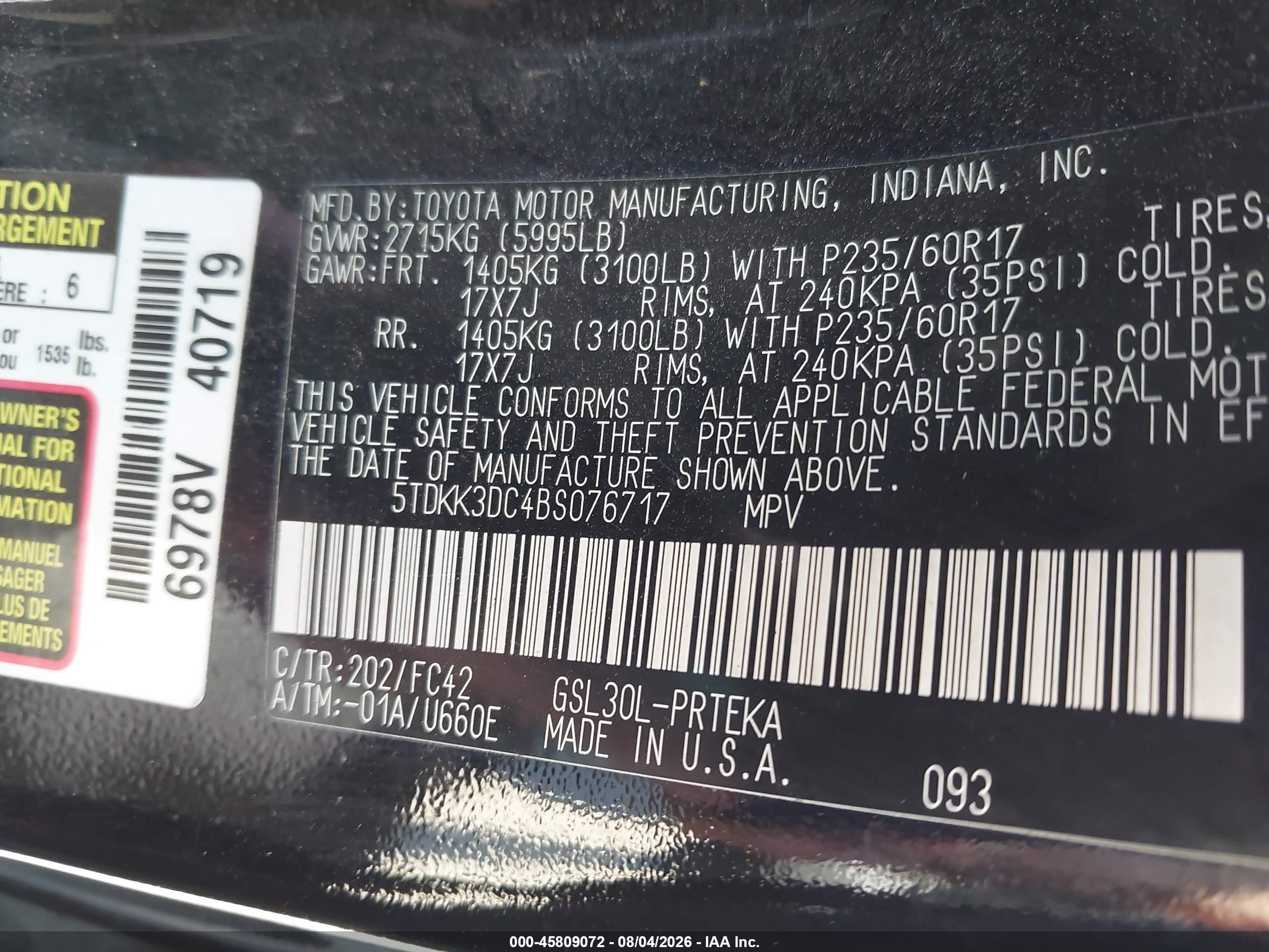 2011 Toyota Sienna Le V6 Black vin: 5TDKK3DC4BS076717