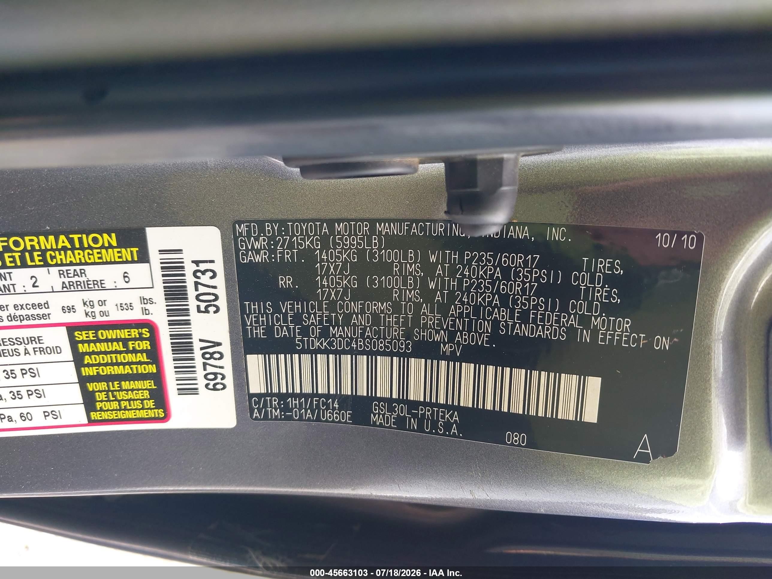 2011 Toyota Sienna Le V6 Gray vin: 5TDKK3DC4BS085093