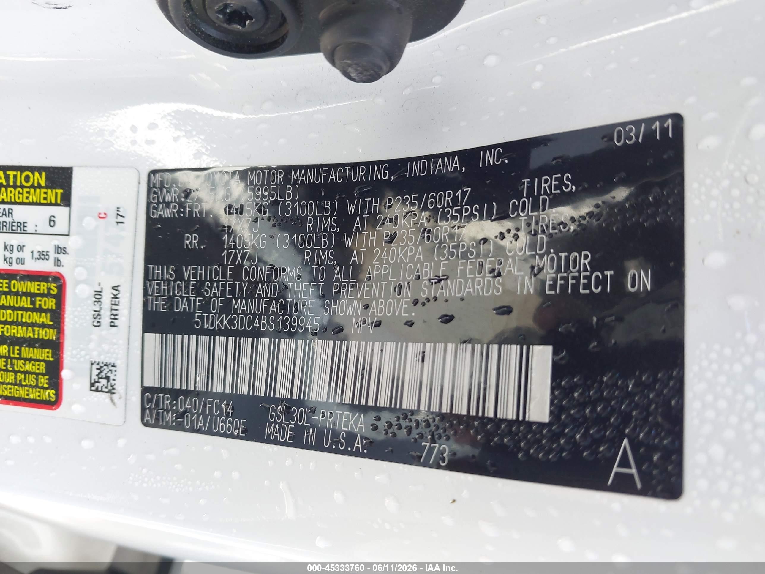 2011 Toyota Sienna Le V6 White vin: 5TDKK3DC4BS139945