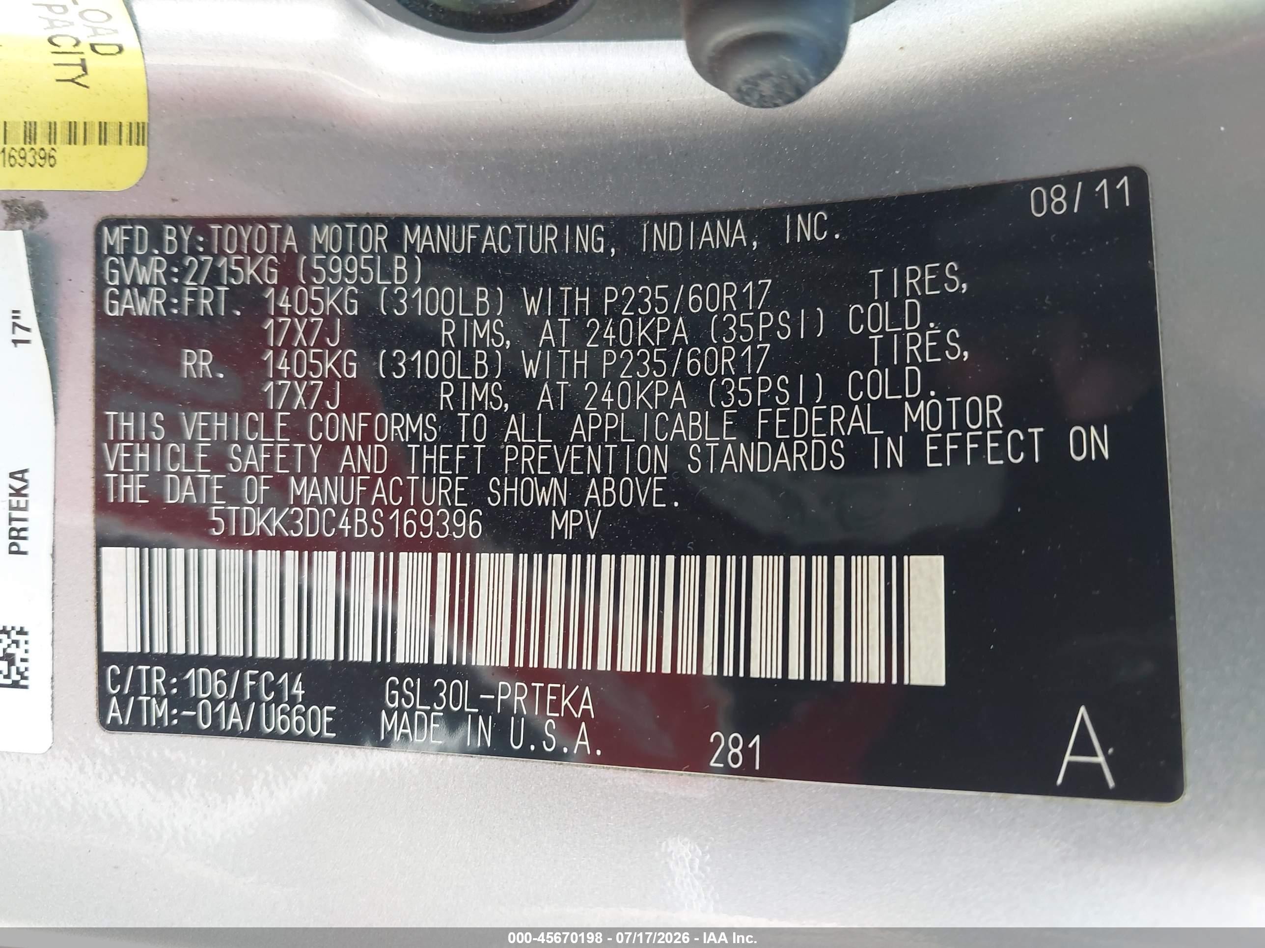 2011 Toyota Sienna Le V6 Серебряный vin: 5TDKK3DC4BS169396