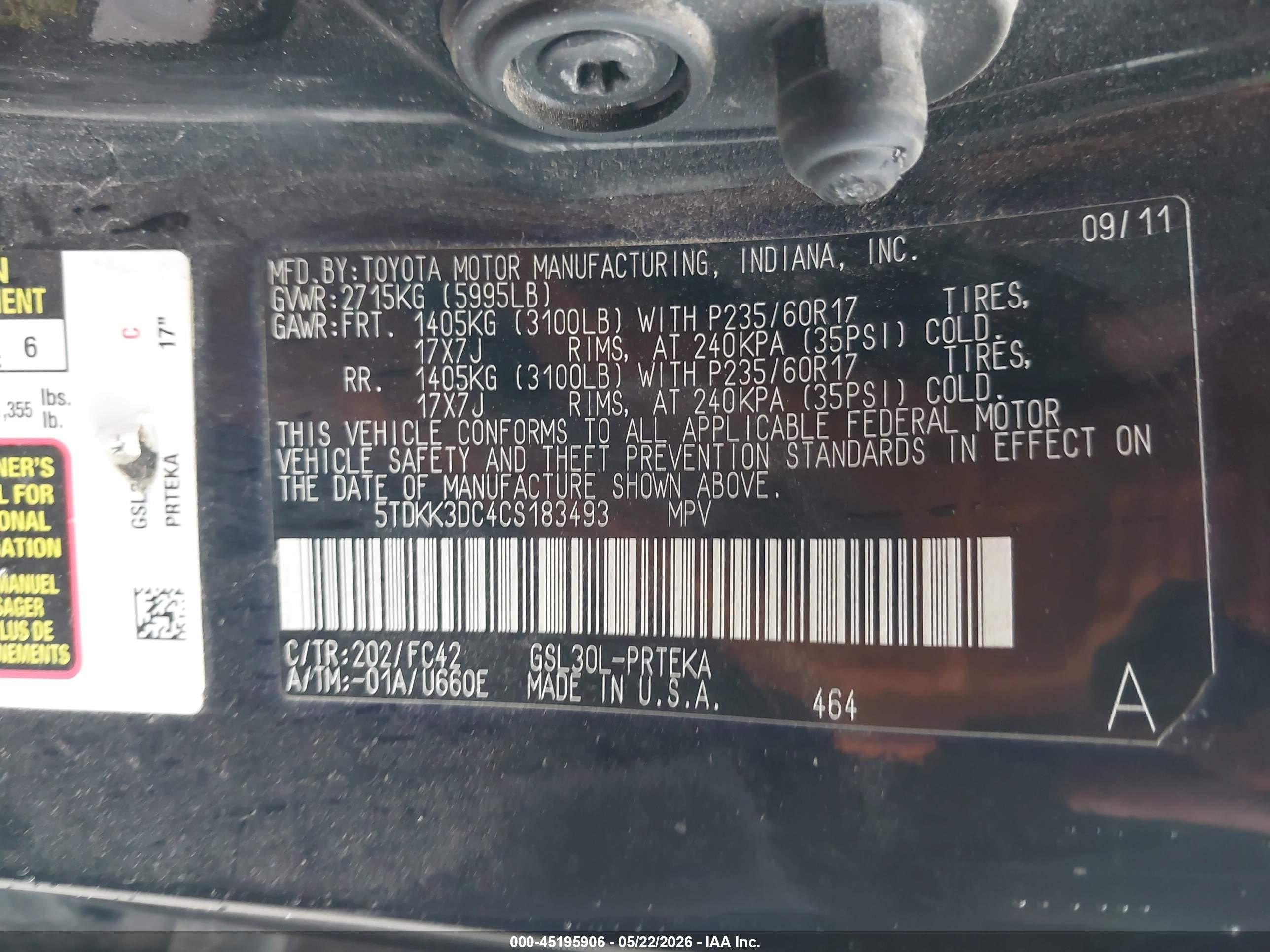 2012 Toyota Sienna Le V6 8 Passenger Black vin: 5TDKK3DC4CS183493