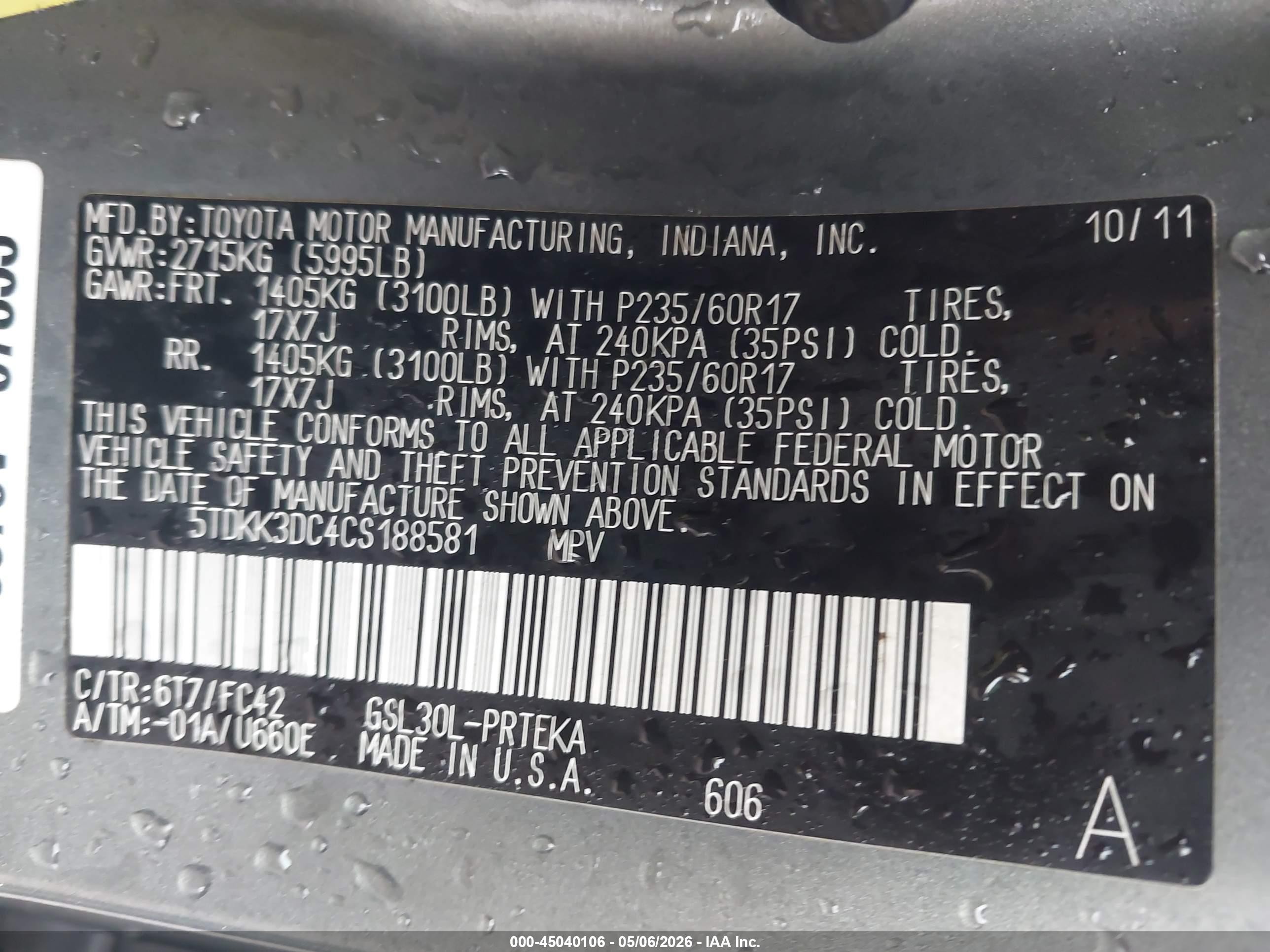 2012 Toyota Sienna Le V6 8 Passenger Серый vin: 5TDKK3DC4CS188581