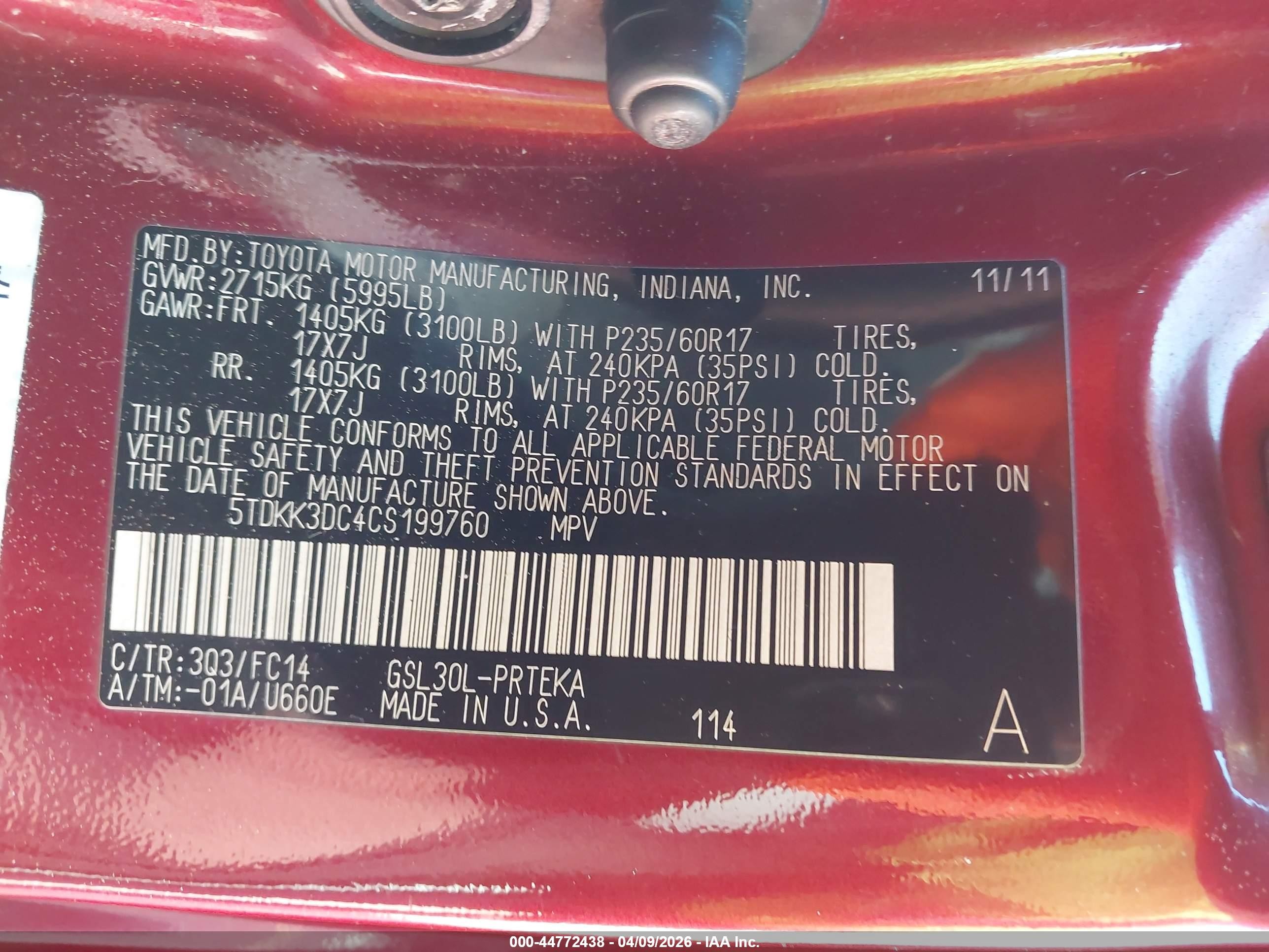 2012 Toyota Sienna Le V6 8 Passenger Red vin: 5TDKK3DC4CS199760