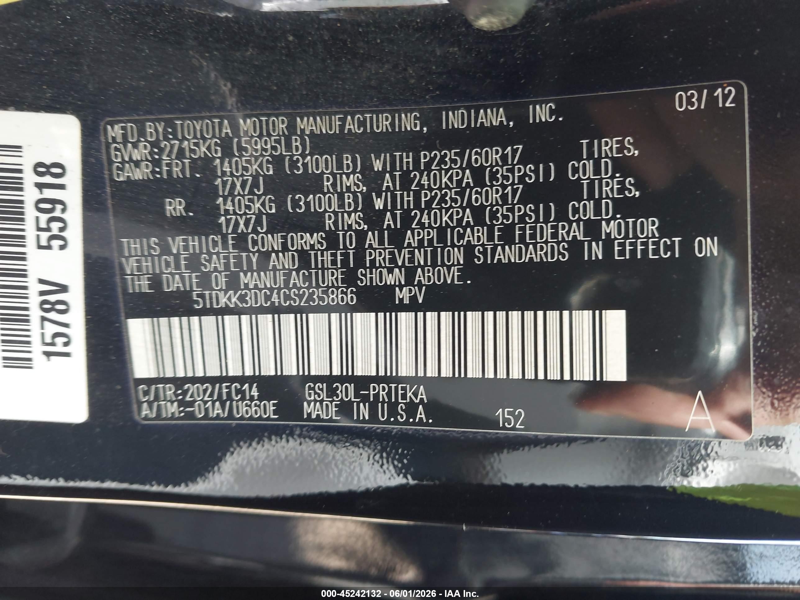 2012 Toyota Sienna Le V6 8 Passenger Серый vin: 5TDKK3DC4CS235866