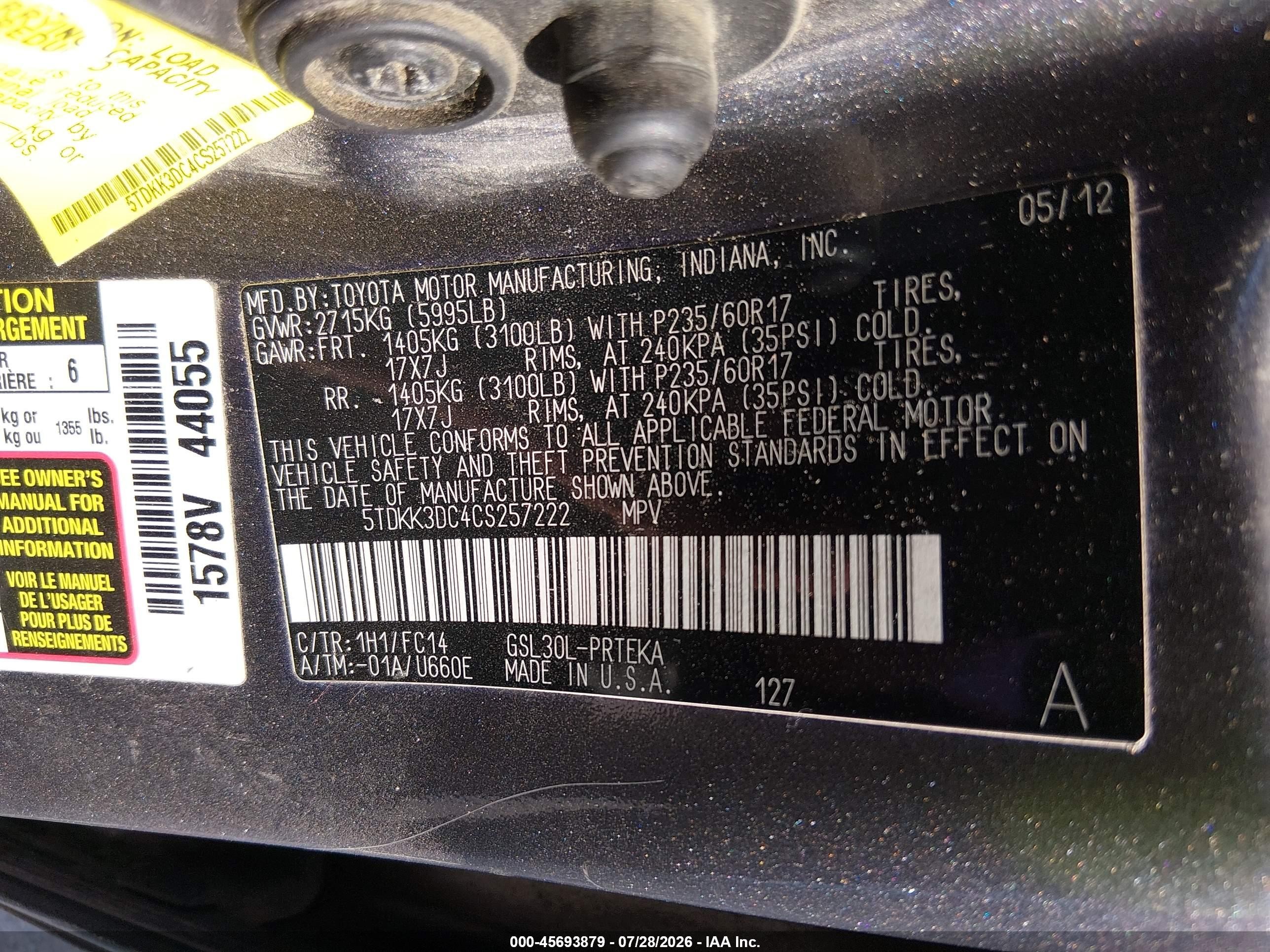 2012 Toyota Sienna Le V6 8 Passenger Gray vin: 5TDKK3DC4CS257222