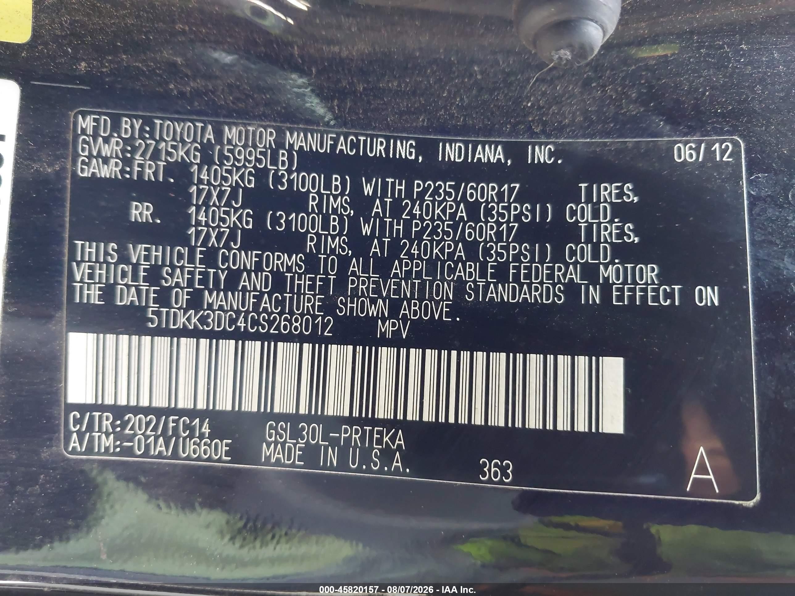 2012 Toyota Sienna Le V6 8 Passenger Black vin: 5TDKK3DC4CS268012