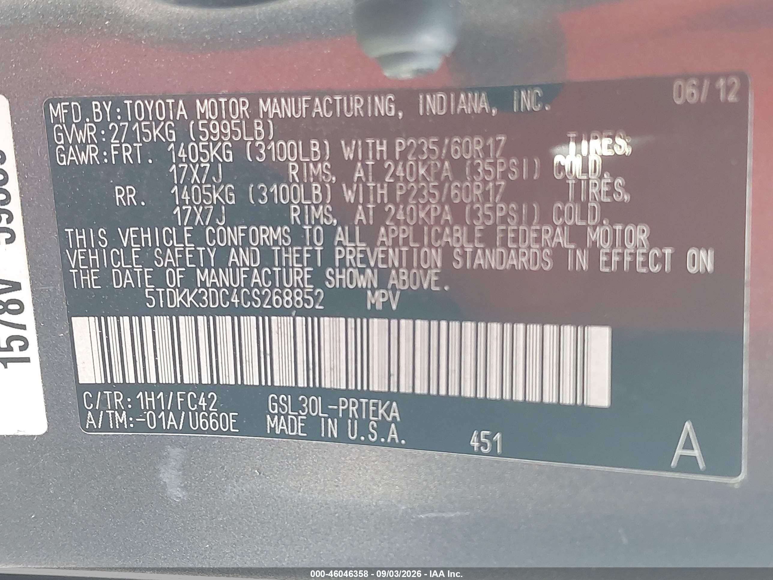 2012 Toyota Sienna Le V6 8 Passenger Gray vin: 5TDKK3DC4CS268852