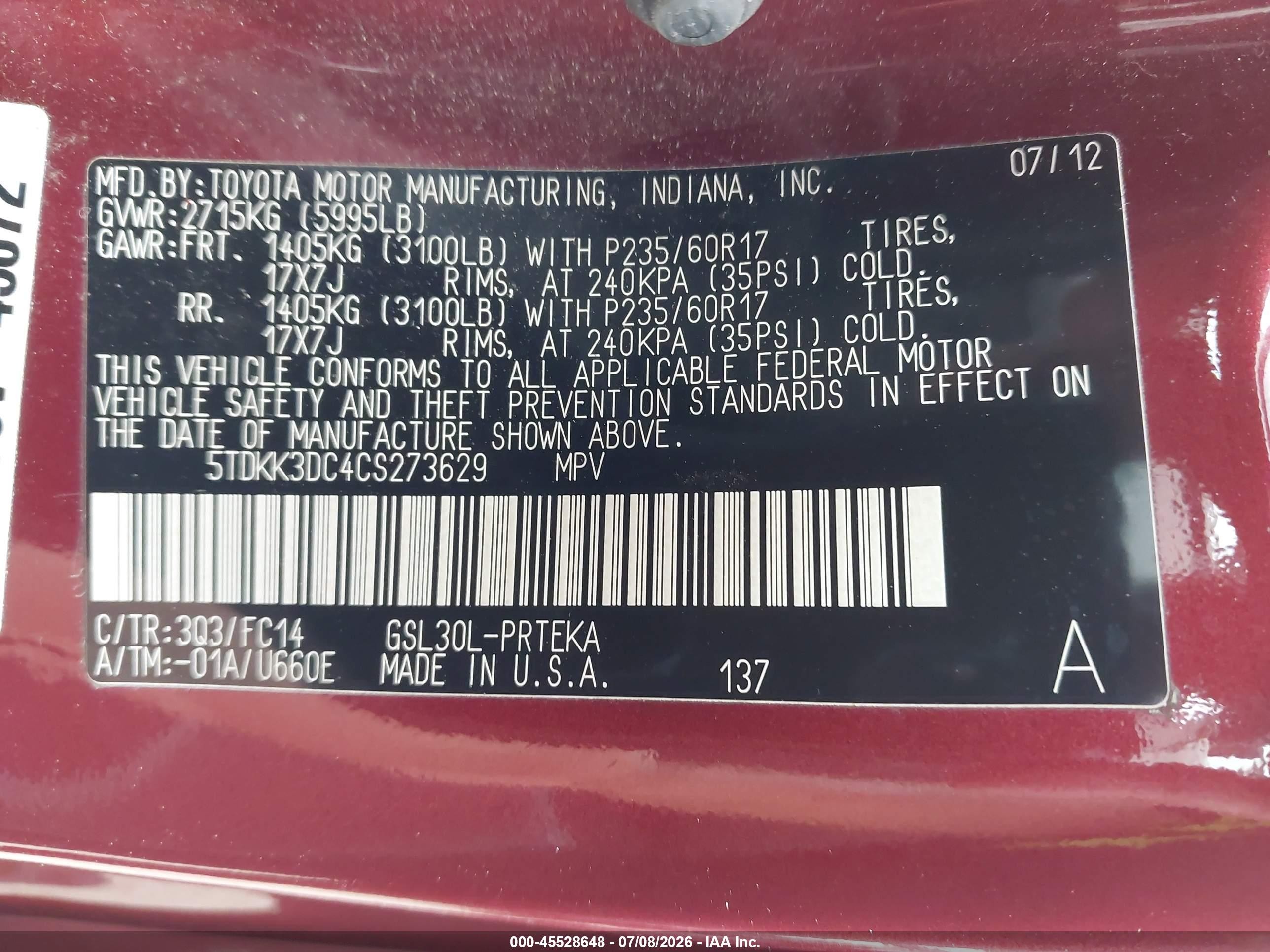 2012 Toyota Sienna Le V6 8 Passenger Red vin: 5TDKK3DC4CS273629