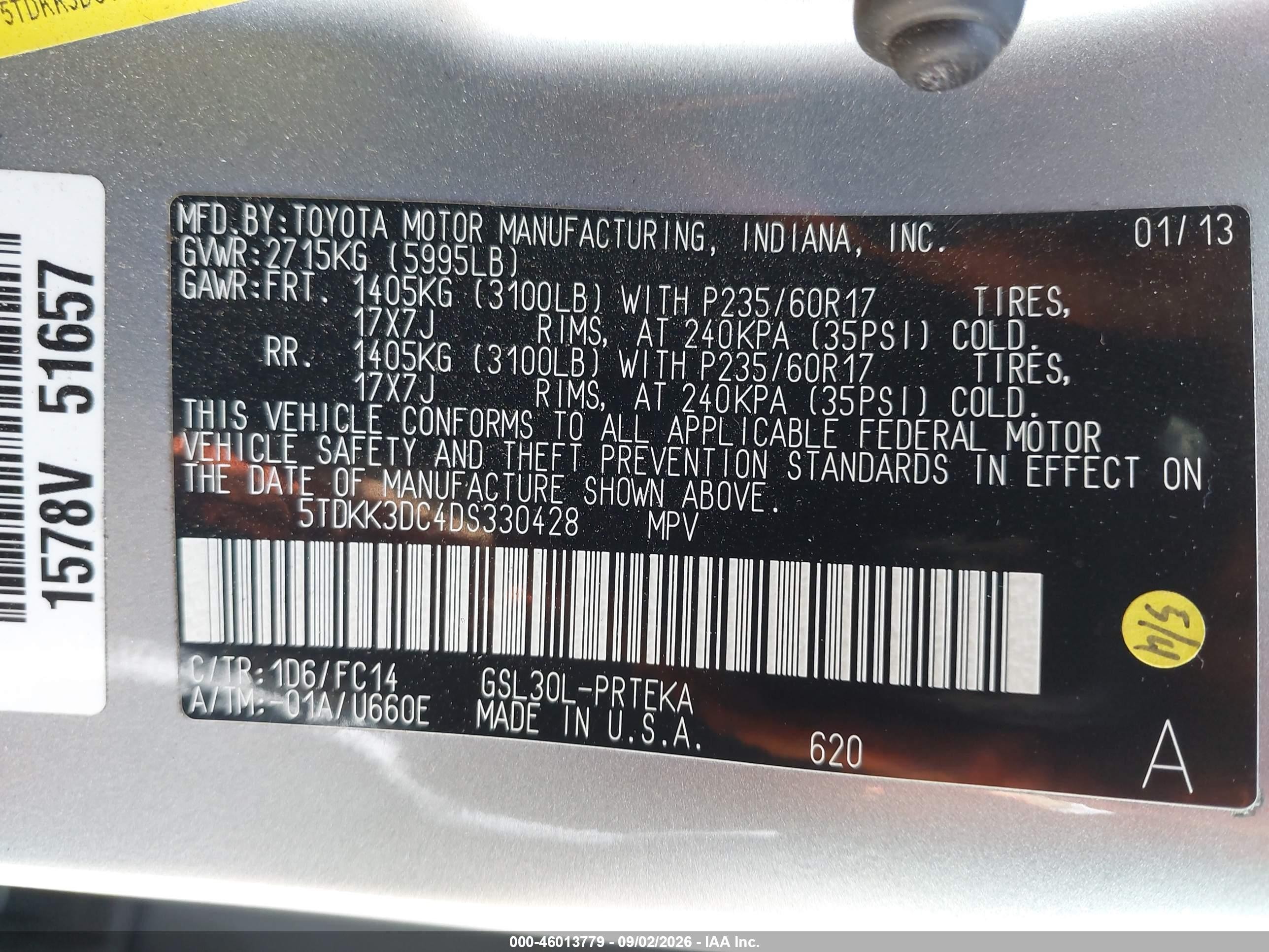 2013 Toyota Sienna Le V6 8 Passenger Silver vin: 5TDKK3DC4DS330428