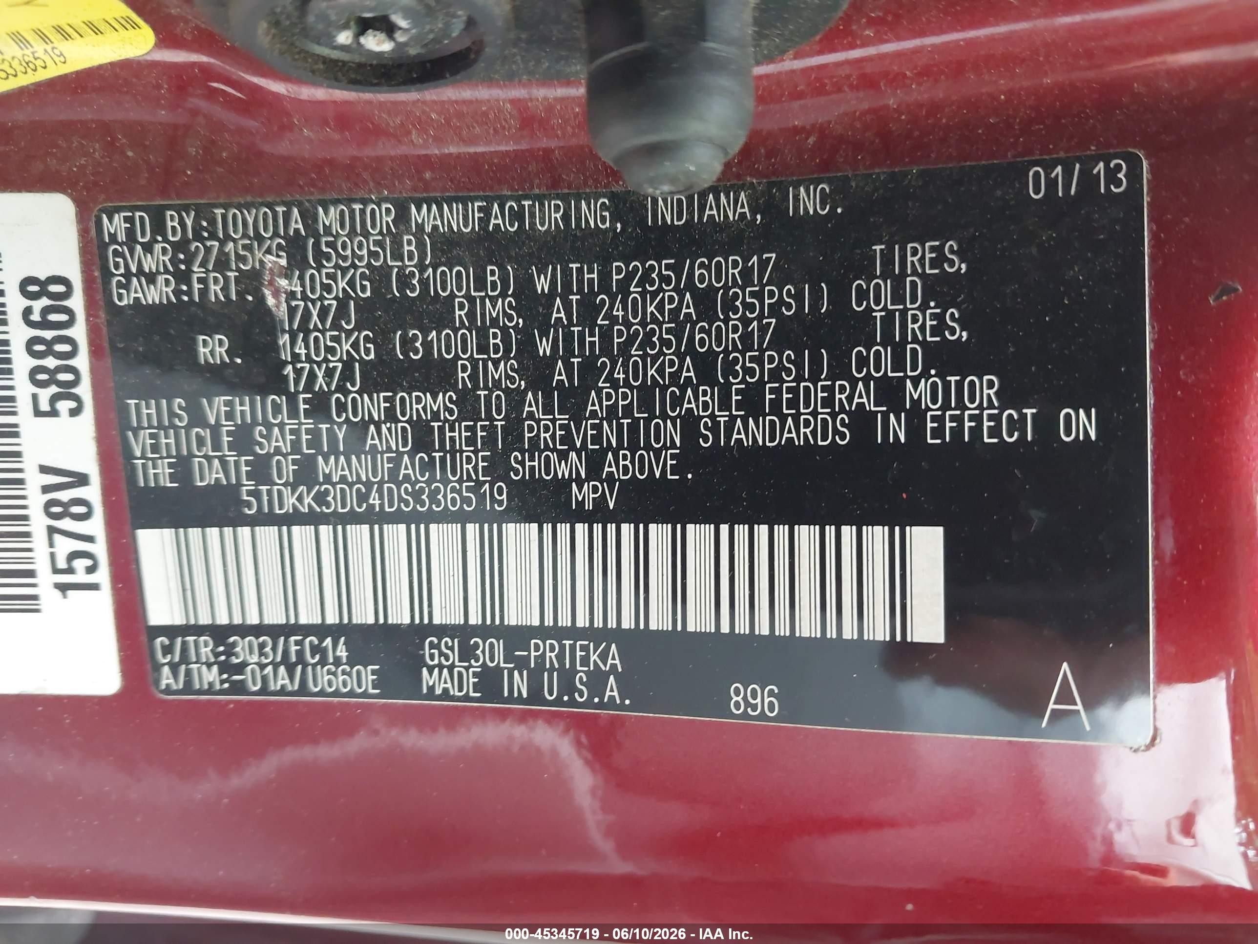 2013 Toyota Sienna Le V6 8 Passenger Red vin: 5TDKK3DC4DS336519
