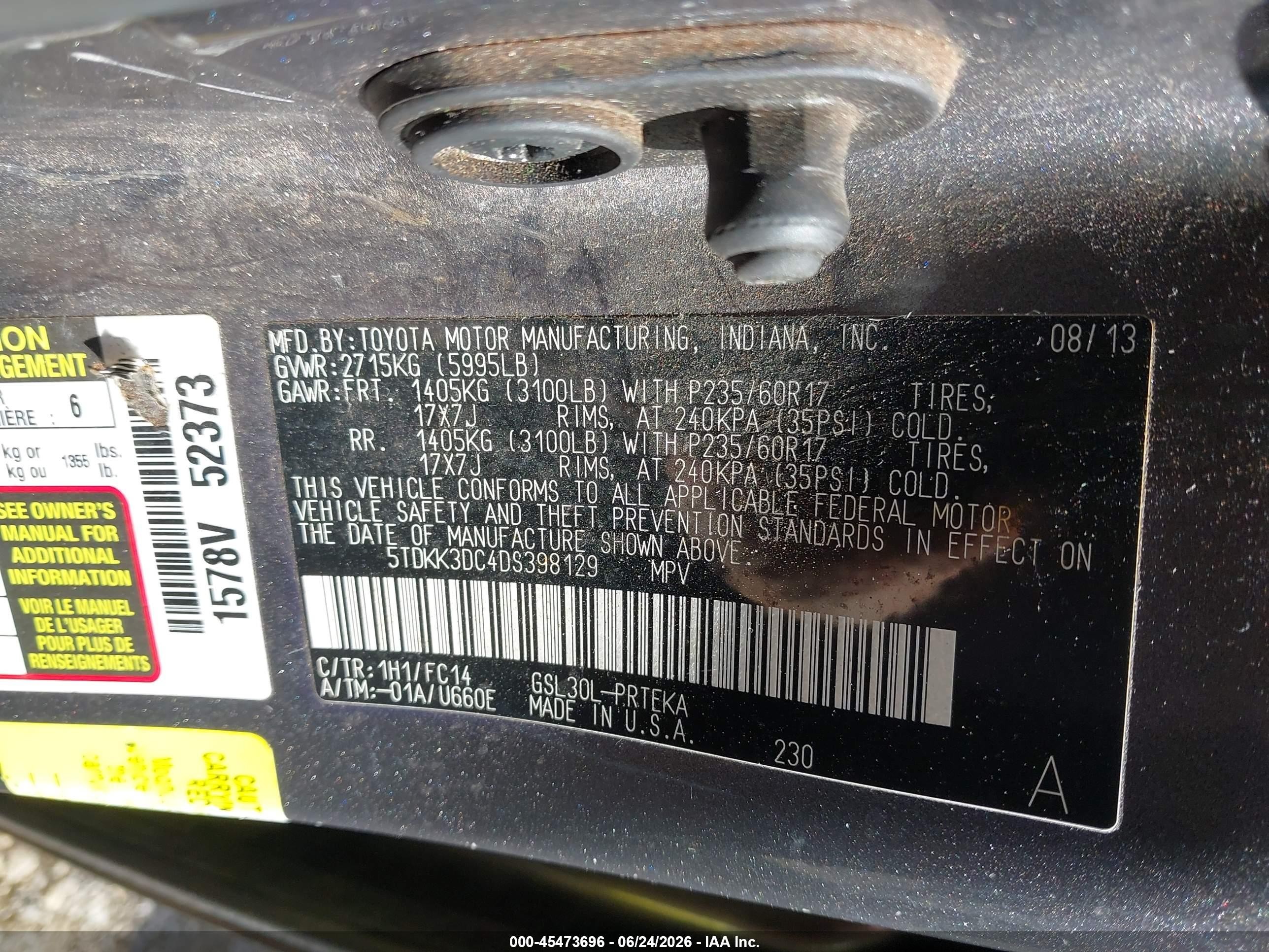 2013 Toyota Sienna Le V6 8 Passenger Gray vin: 5TDKK3DC4DS398129