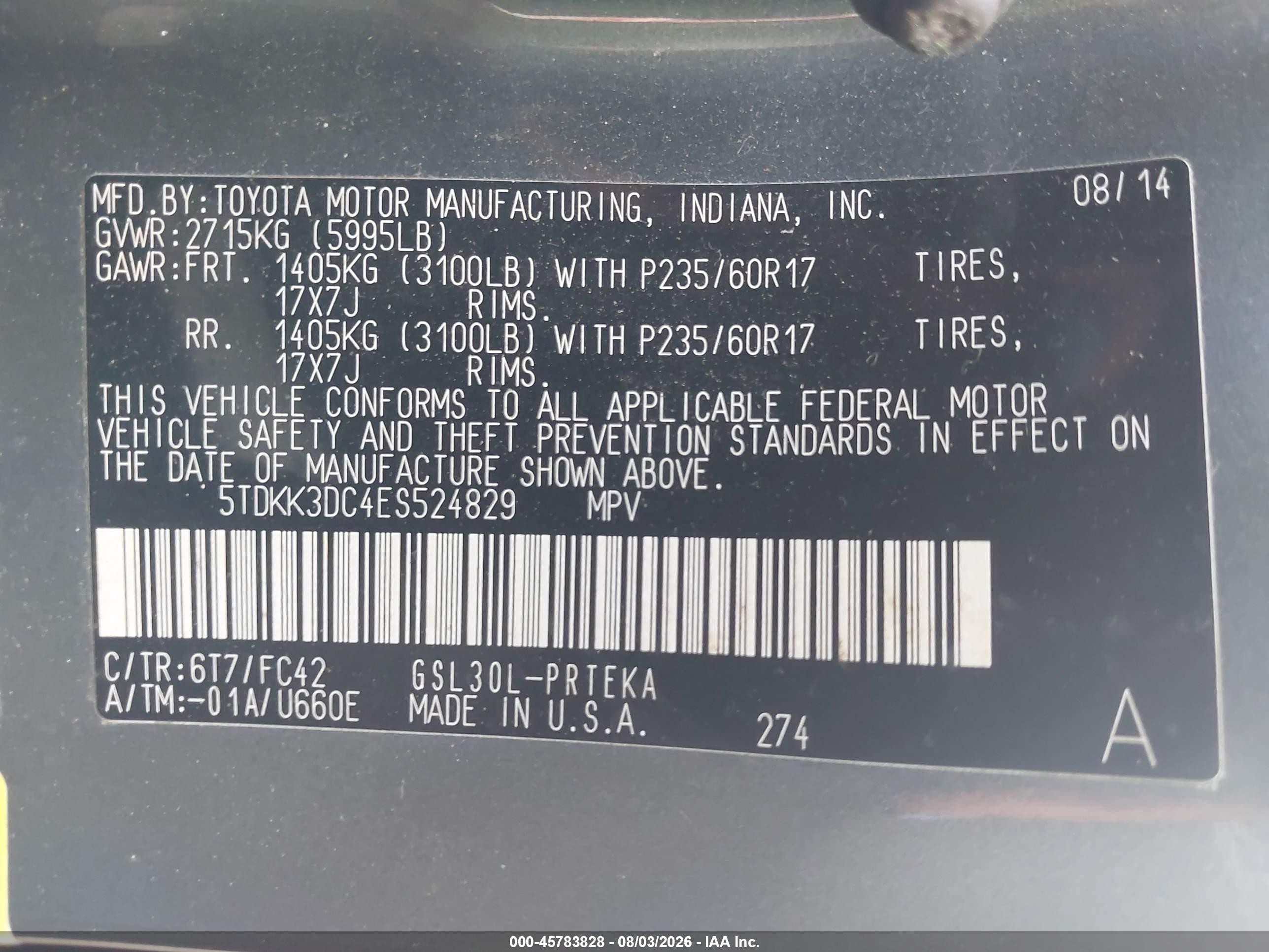 2014 Toyota Sienna Le V6 8 Passenger Gray vin: 5TDKK3DC4ES524829