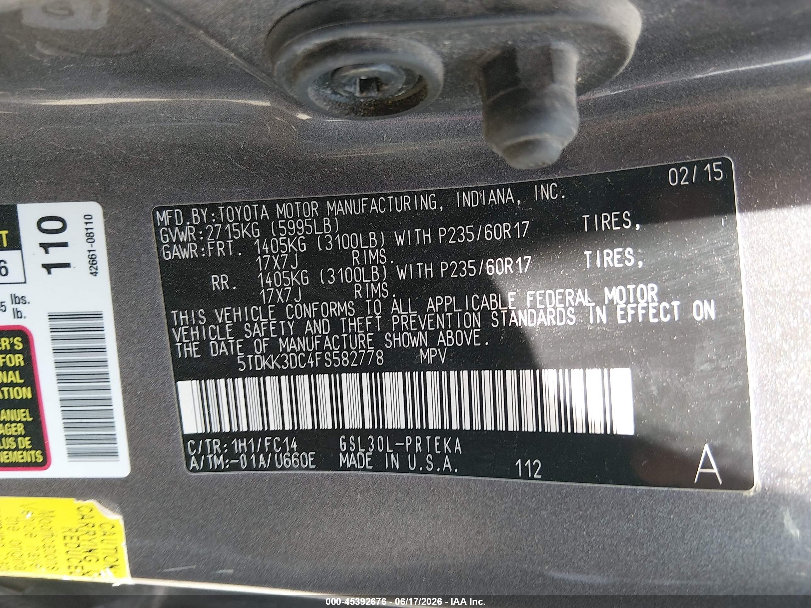 2015 Toyota Sienna Le 8 Passenger Gray vin: 5TDKK3DC4FS582778