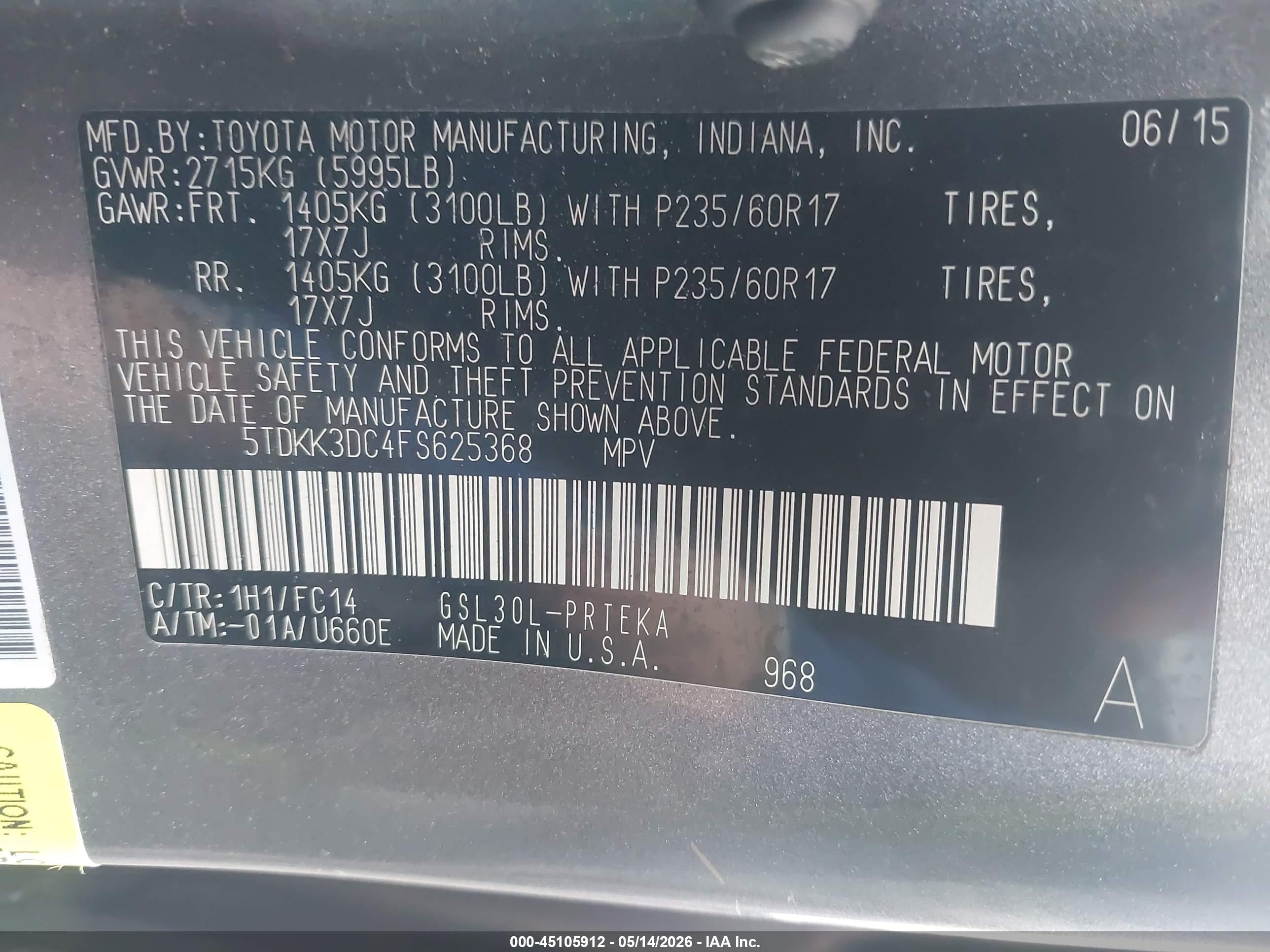 2015 Toyota Sienna Le 8 Passenger Gray vin: 5TDKK3DC4FS625368