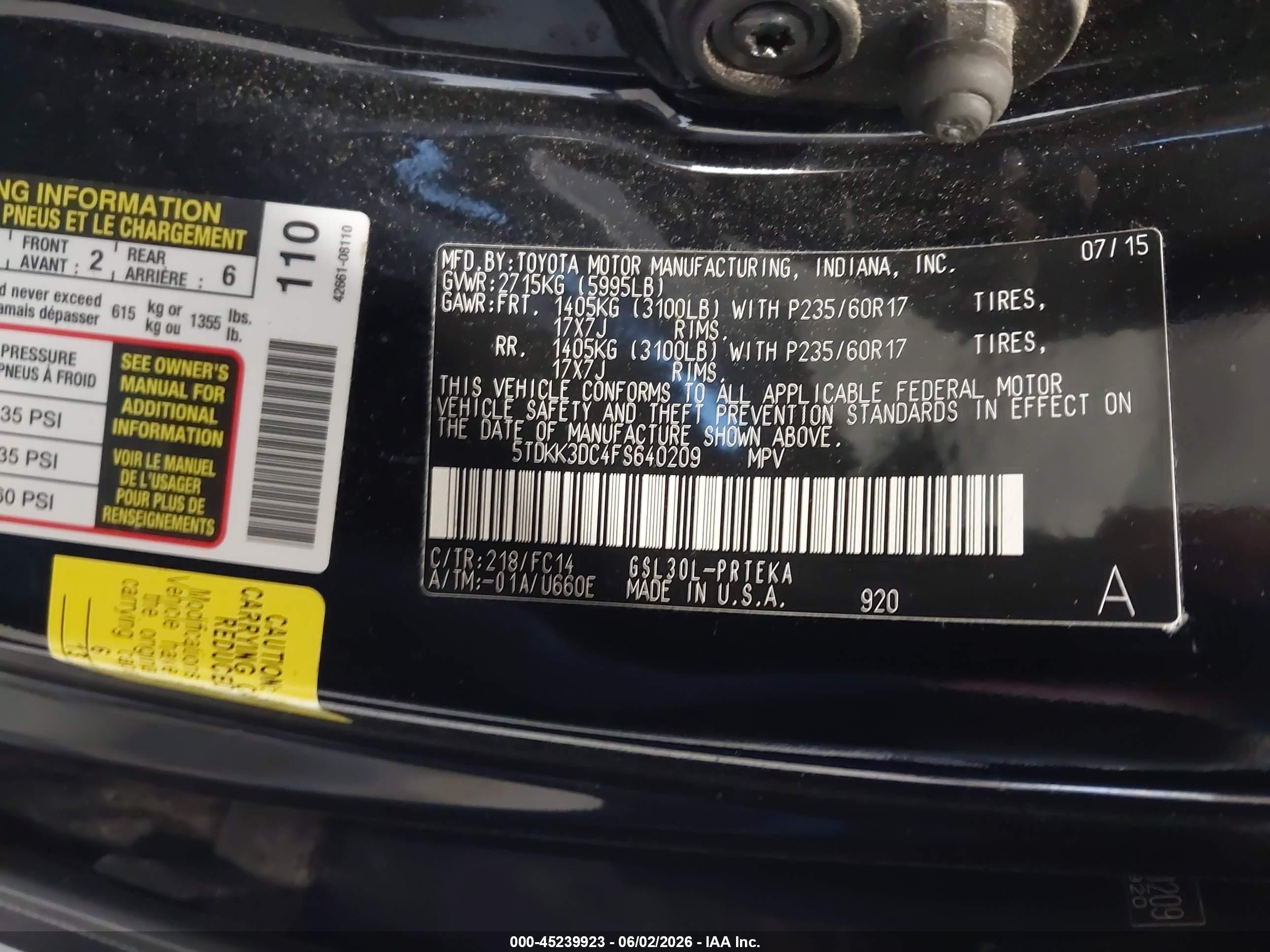 2015 Toyota Sienna Le 8 Passenger Черный vin: 5TDKK3DC4FS640209