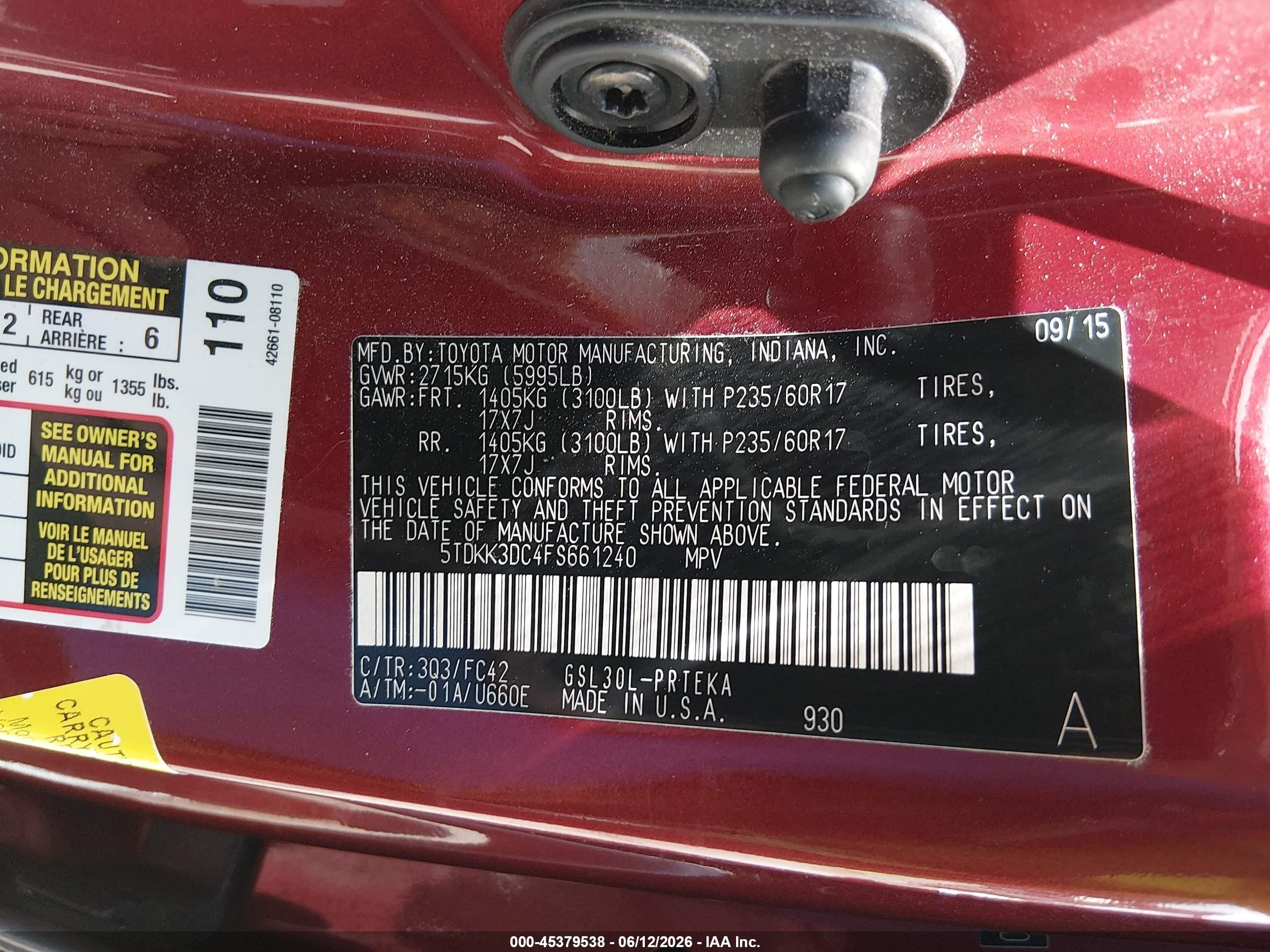 2015 Toyota Sienna Le 8 Passenger Red vin: 5TDKK3DC4FS661240