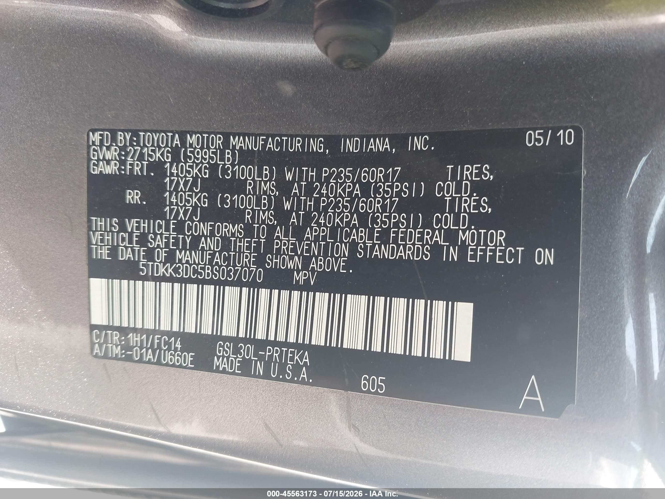 2011 Toyota Sienna Le V6 Gray vin: 5TDKK3DC5BS037070