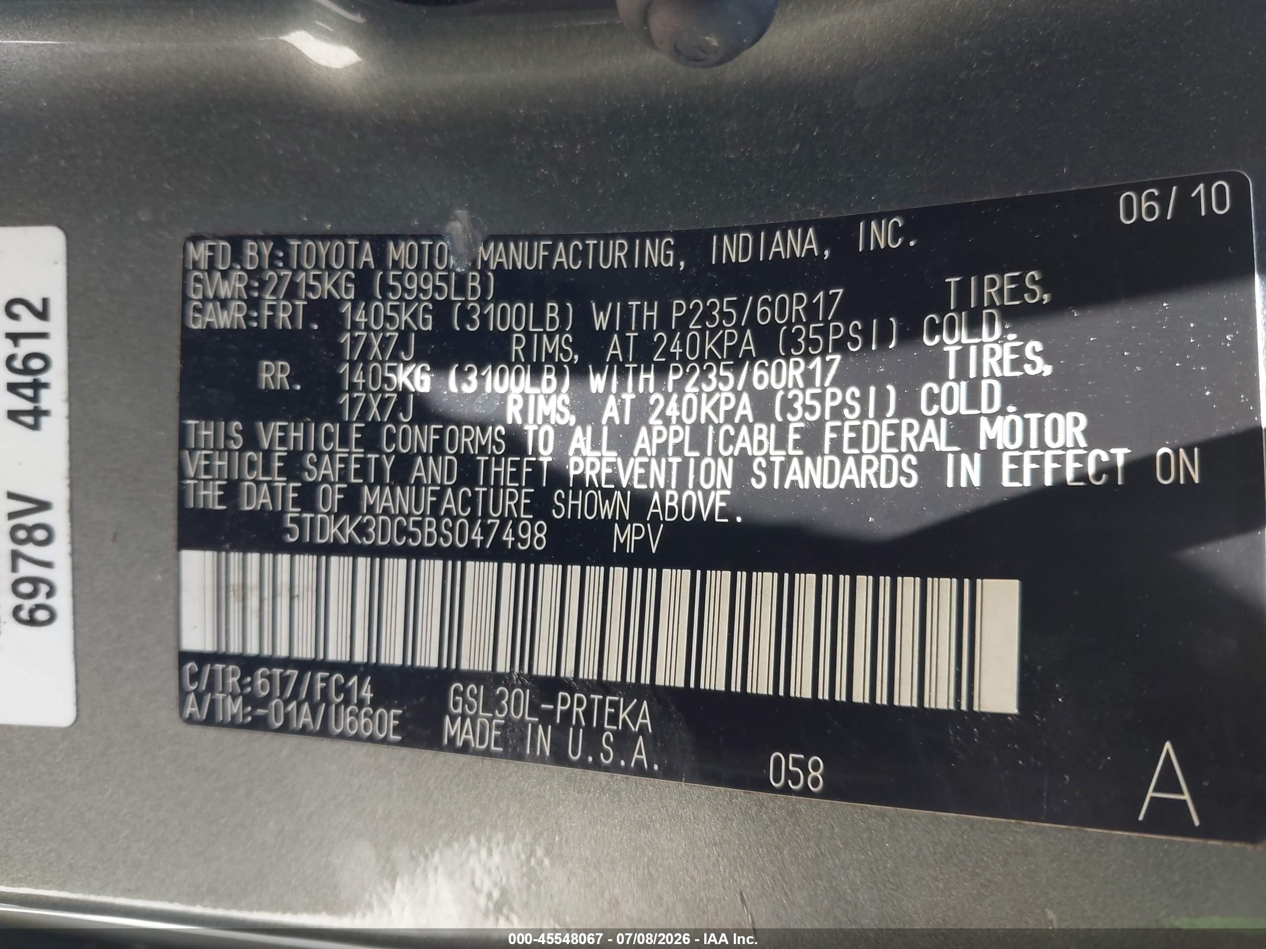 2011 Toyota Sienna Le V6 Champagne vin: 5TDKK3DC5BS047498