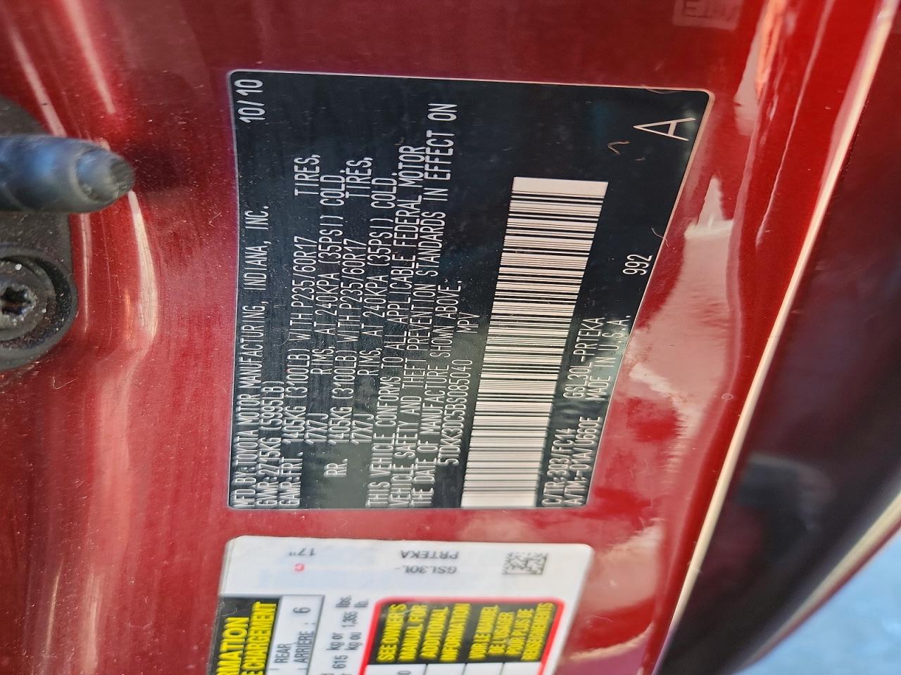 2011 Toyota Sienna Le Red vin: 5TDKK3DC5BS085040